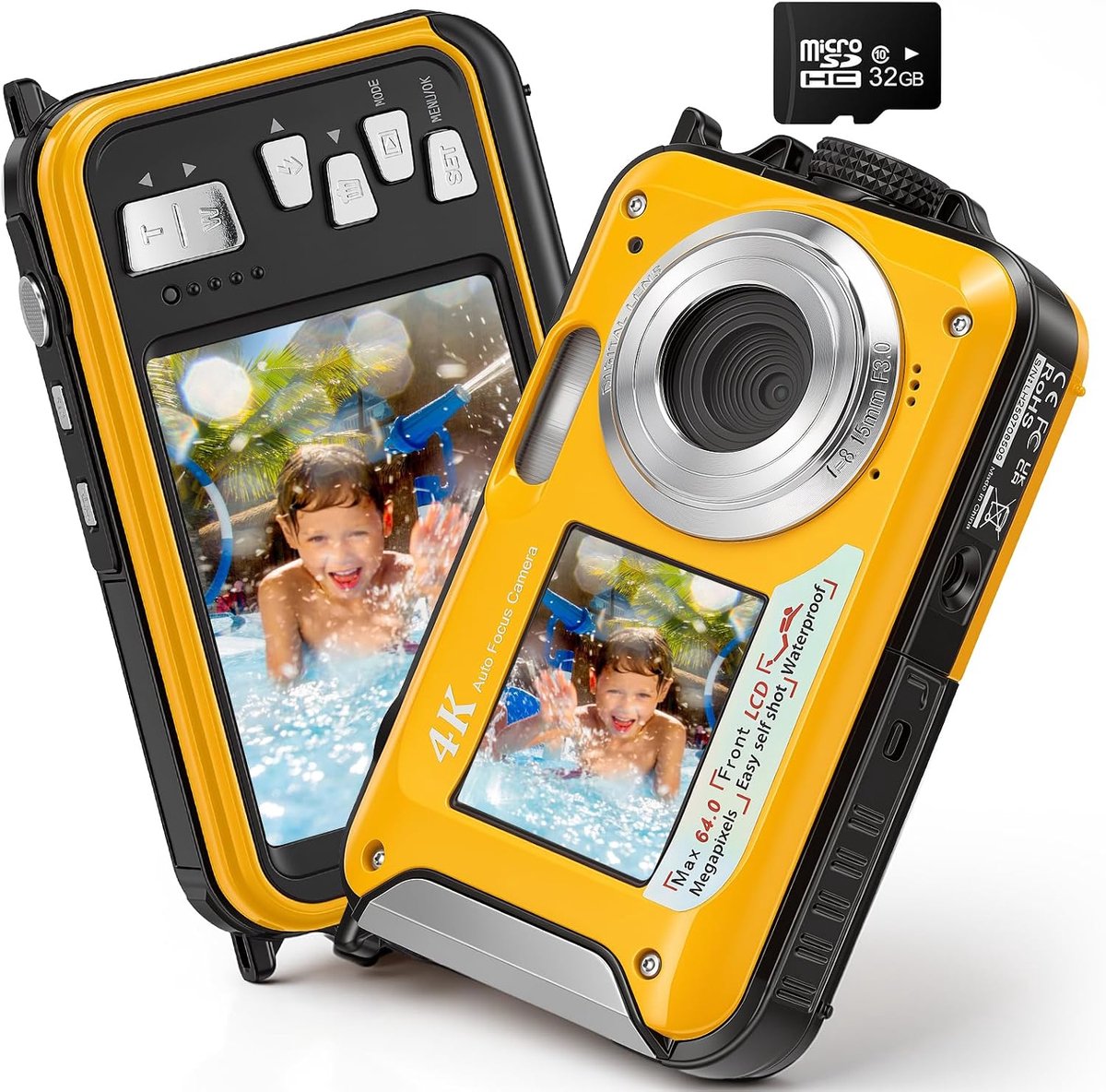 SnelShoppen - Onderwatercamera 64 MP met Autofocus en 4K Video, IP68 Waterdichte Digitale Camera tot 5m, 32 GB Geheugenkaart, Dubbel Display, 16x Zoom