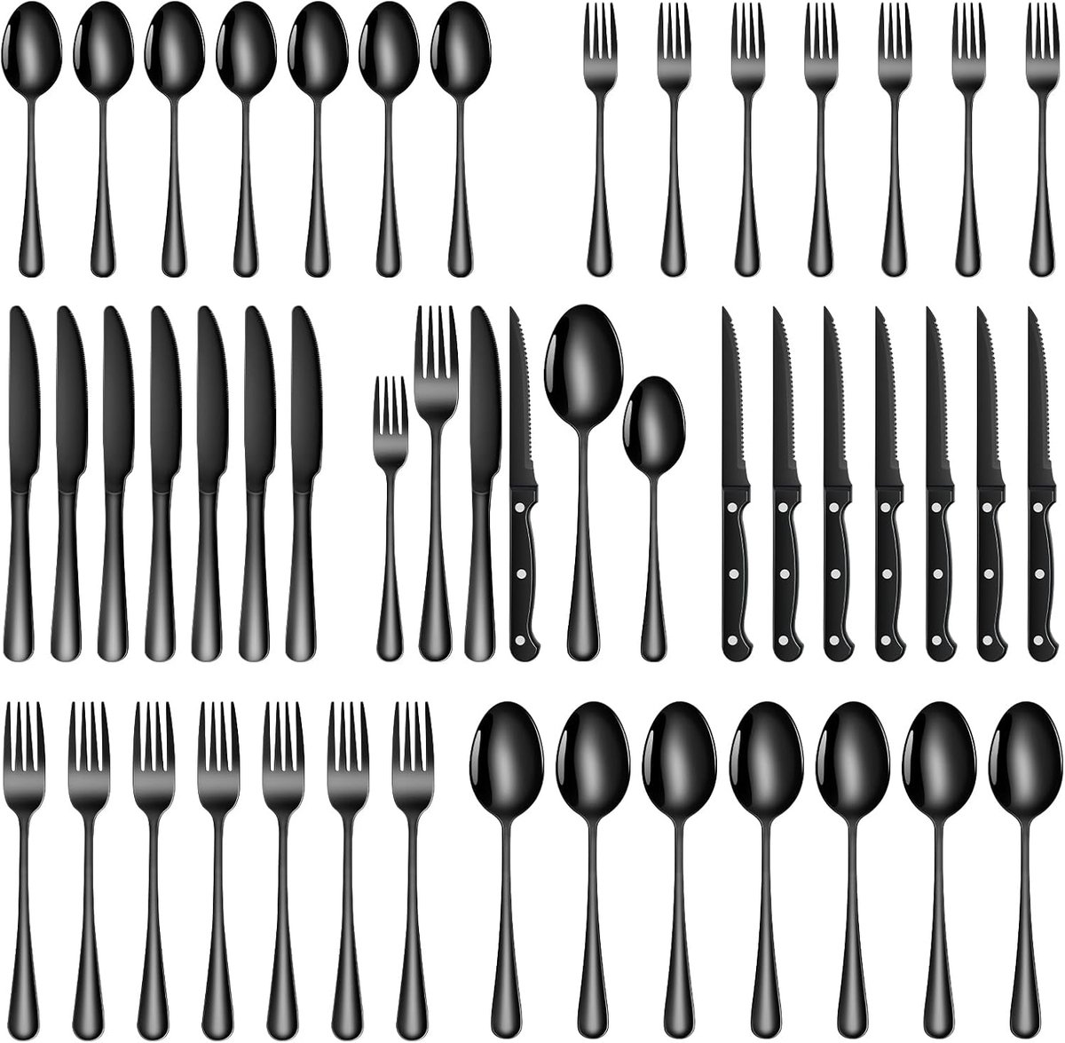 SnelShoppen - 48-delige Bestekset voor 8 Personen - RVS Tafelbestek met Steak- en Tafelmessen - Elegante Keukenaccessoires voor Feest, Camping en Dine