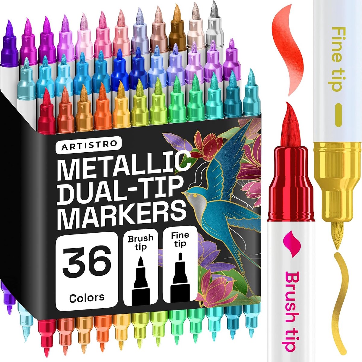 SnelShoppen - 36 Metallic Dual-Tip Acrylverf Markers voor Rock, Canvas, Glas, Hout & Meer - Fijne + Borsteltip - Creatief Schilderen voor Feest, Campi