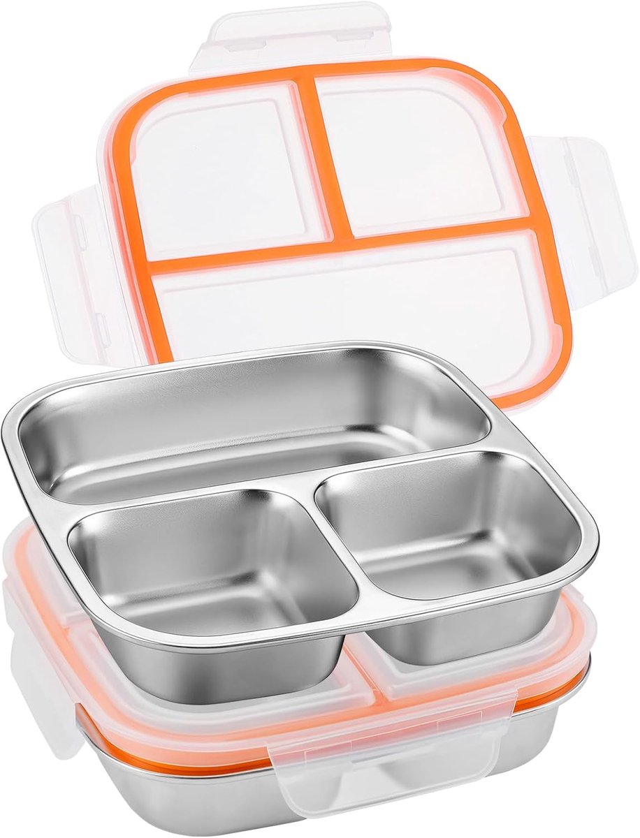 VHV - Lunchbox - Lunchbox kinderen - RVS snackdoosjes met 3 vakken - Bento box - 600 ml- Vaatwasserbestendig - Voor school en kantoor - Set van 2 - Versie met wit deksel