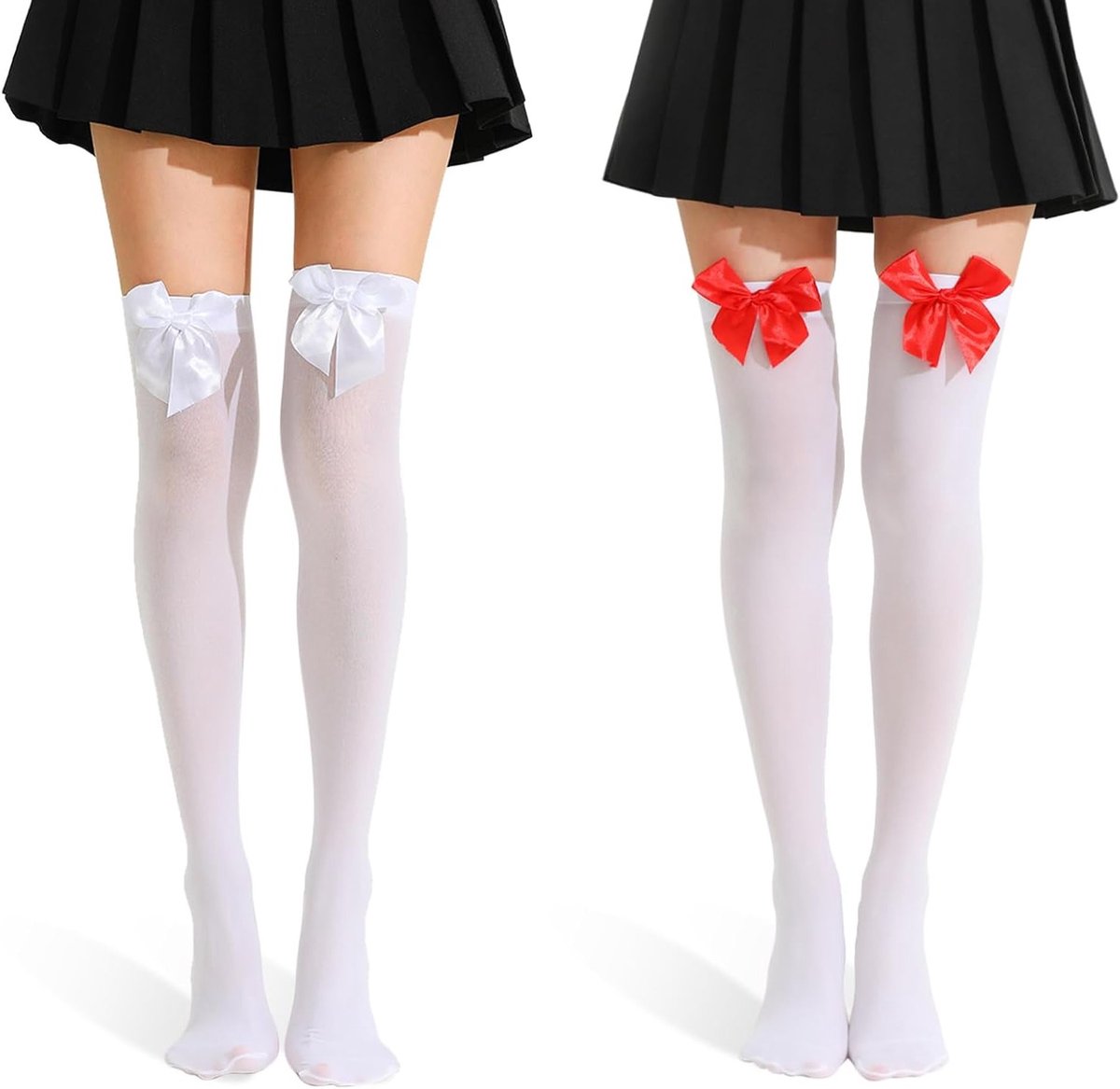 2 Paar Witte Overknee Kousen voor Dames met Rode en Witte Strik, Perfect voor Carnaval, Kostuums en Feestdagen