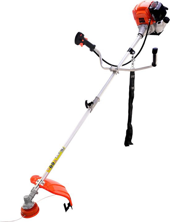 Oranje grastrimmer met metalen schacht, zwarte handgrepen en oranje motorblok.