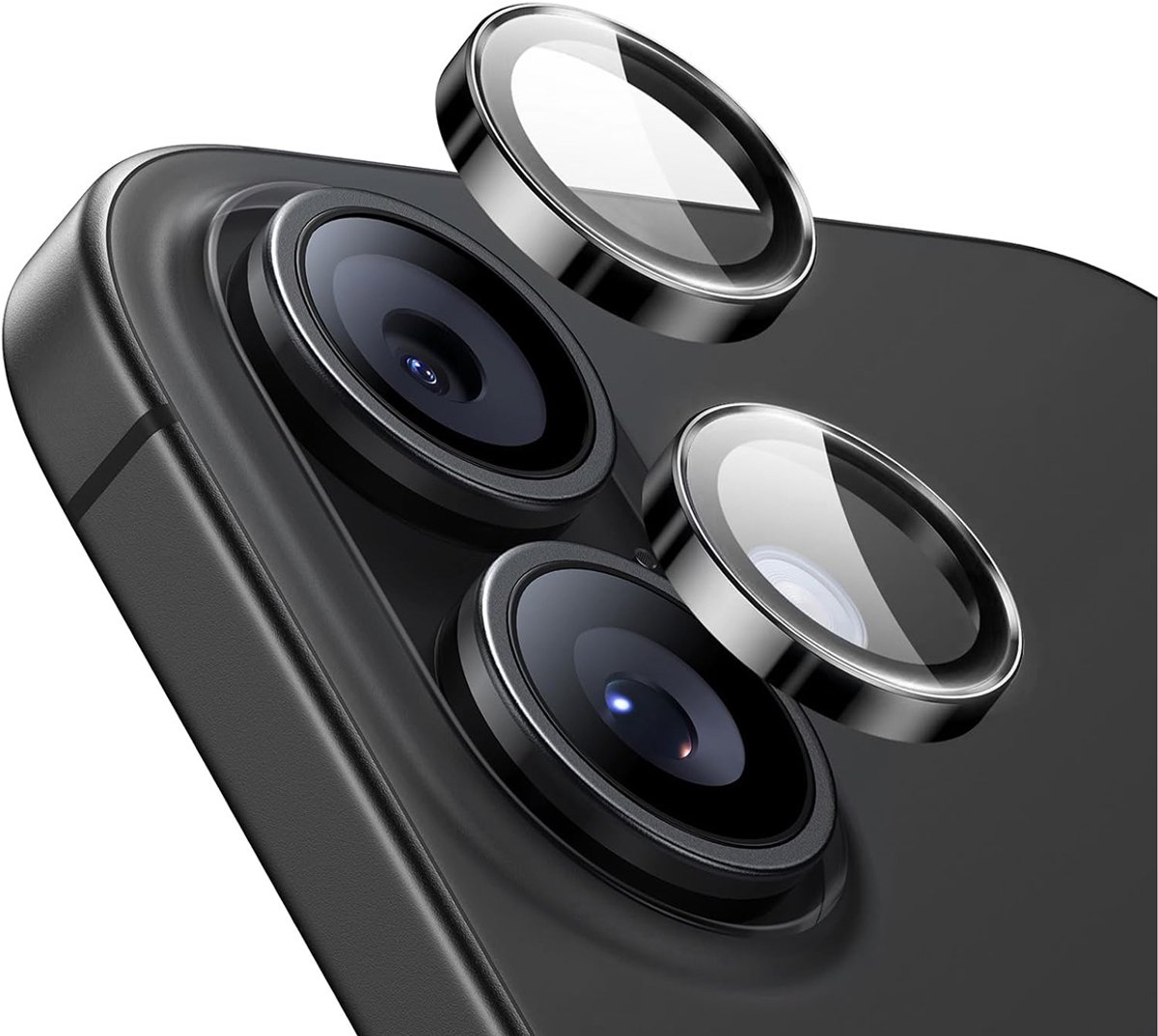 Jaym, Vervangende lens voor de achtercamera van de Geschikt voor Apple iPhone 16 / 17 van gehard glas, Zwart / Transparant