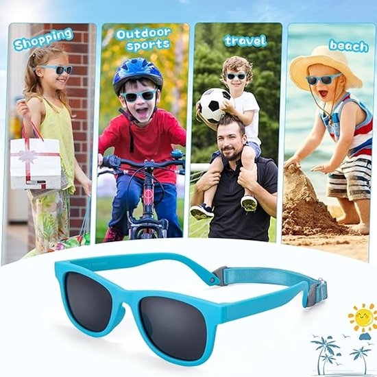2 stuks - Kinder Zonnebril - UV400-bescherming - Gepolariseerde lens - Flexibele lens - Elastische band - Zonnebril Kind - Geschikt voor kinderen van 2 tot 7 jaar - Zwart, blauw — afbeelding 2