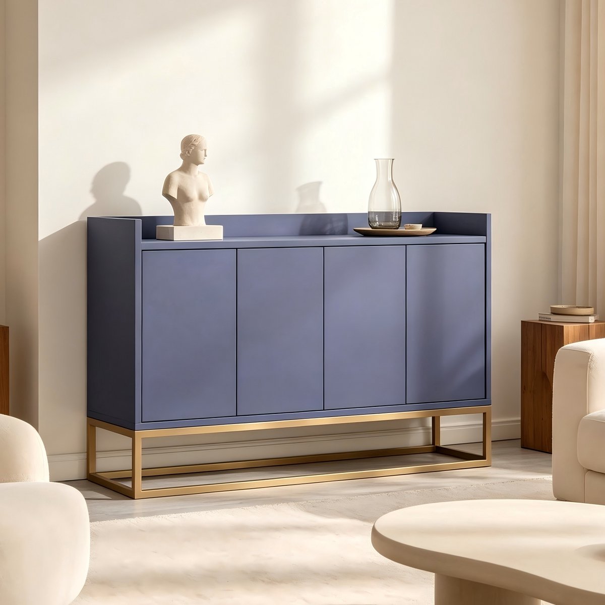 Dressoir 4 deuren met gouden metalen onderstel - 120 × 30 × 80 cm - Modern Opbergkast voor Keuken, Woonkamer en Hal - Blauw
