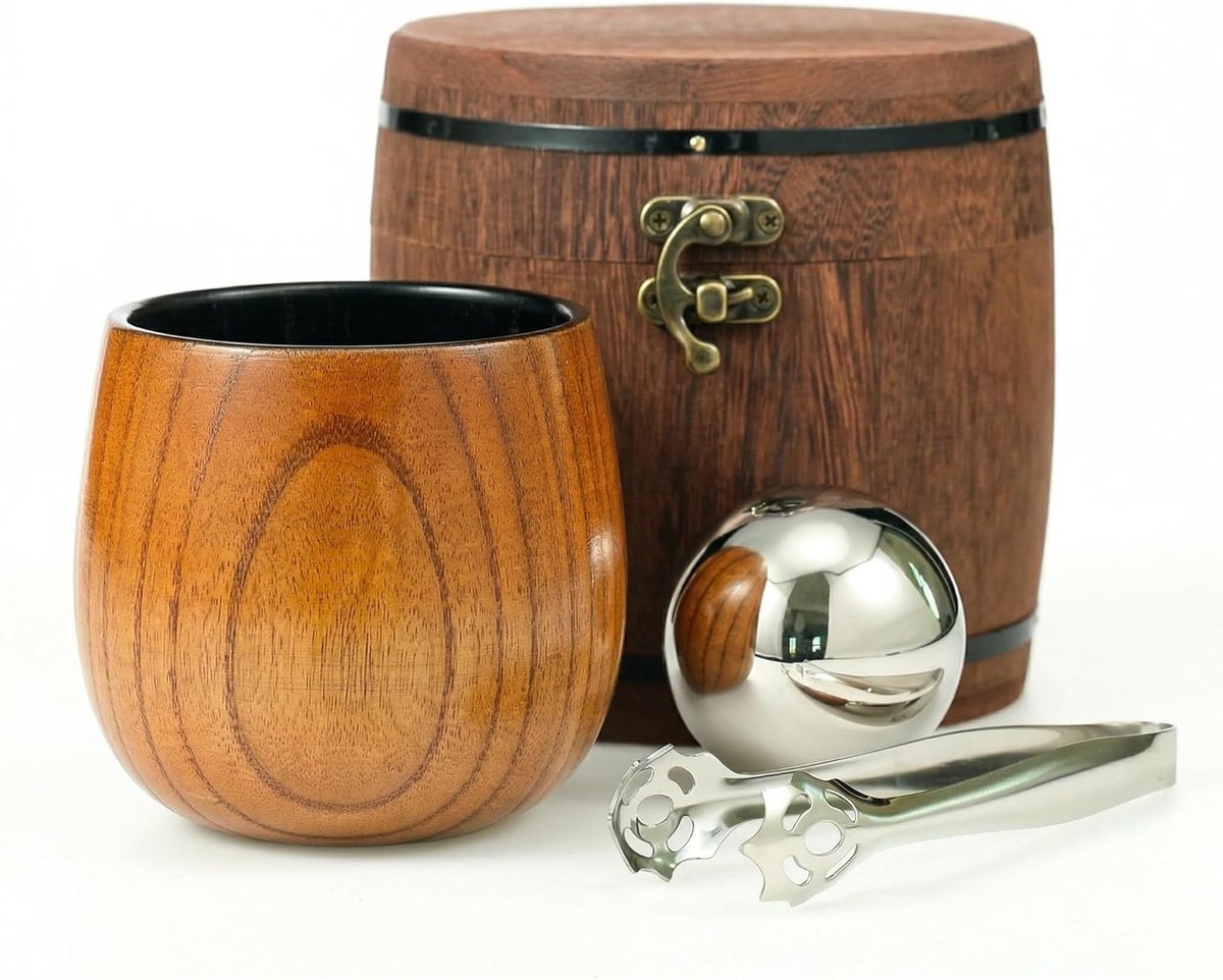 Rustieke Whisky Glazen Set in Houten Vat, 300 ml, Schokbestendige Tumbler met XL IJsbal voor Verjaardag, Jubileum en Vaderdag