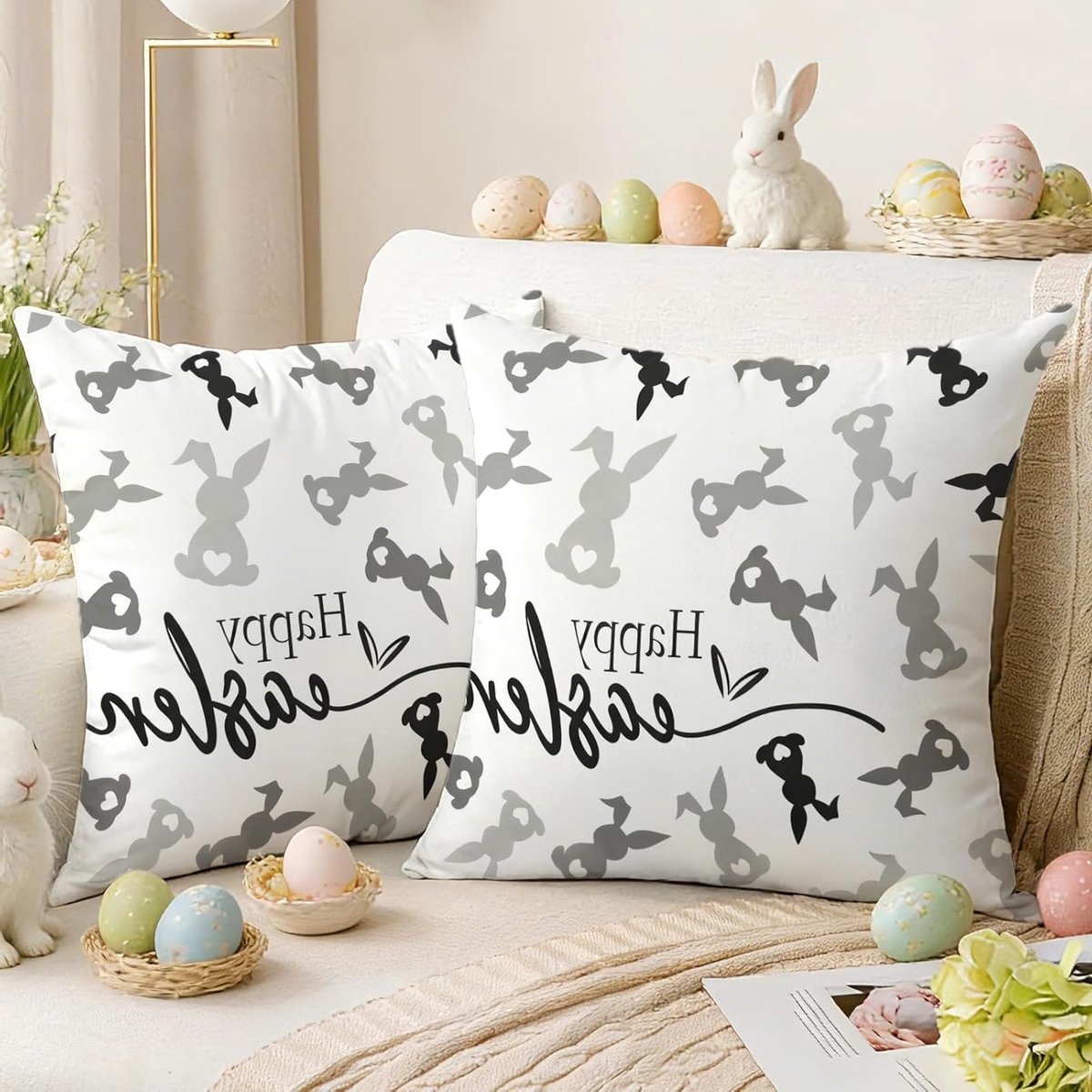 Set van 2 Kussenhoezen 50 x 50 cm Grijs Konijn Pasen Decoratie voor Sofa en Tuin Kussens voor Woonkamer en Slaapkamer