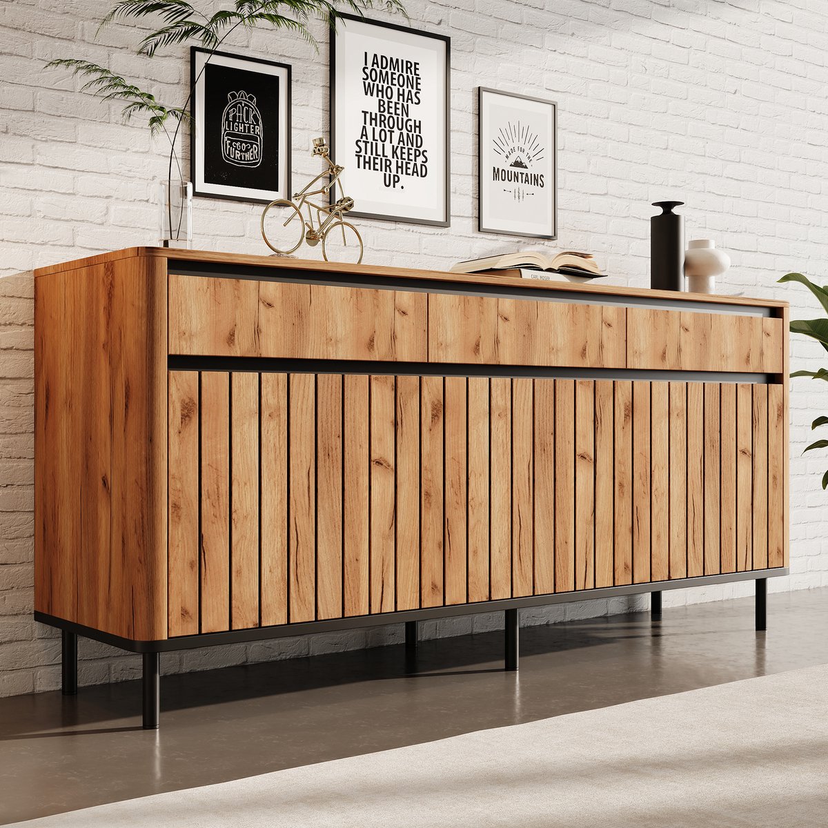 HAUSS SPOLE Dressoir - 3 Laden En 3 Lameldeuren - Voor Woonkamer, Eetkamer En Hal - MDF En Metaal - 160x40x73 Cm - Naturel Hout