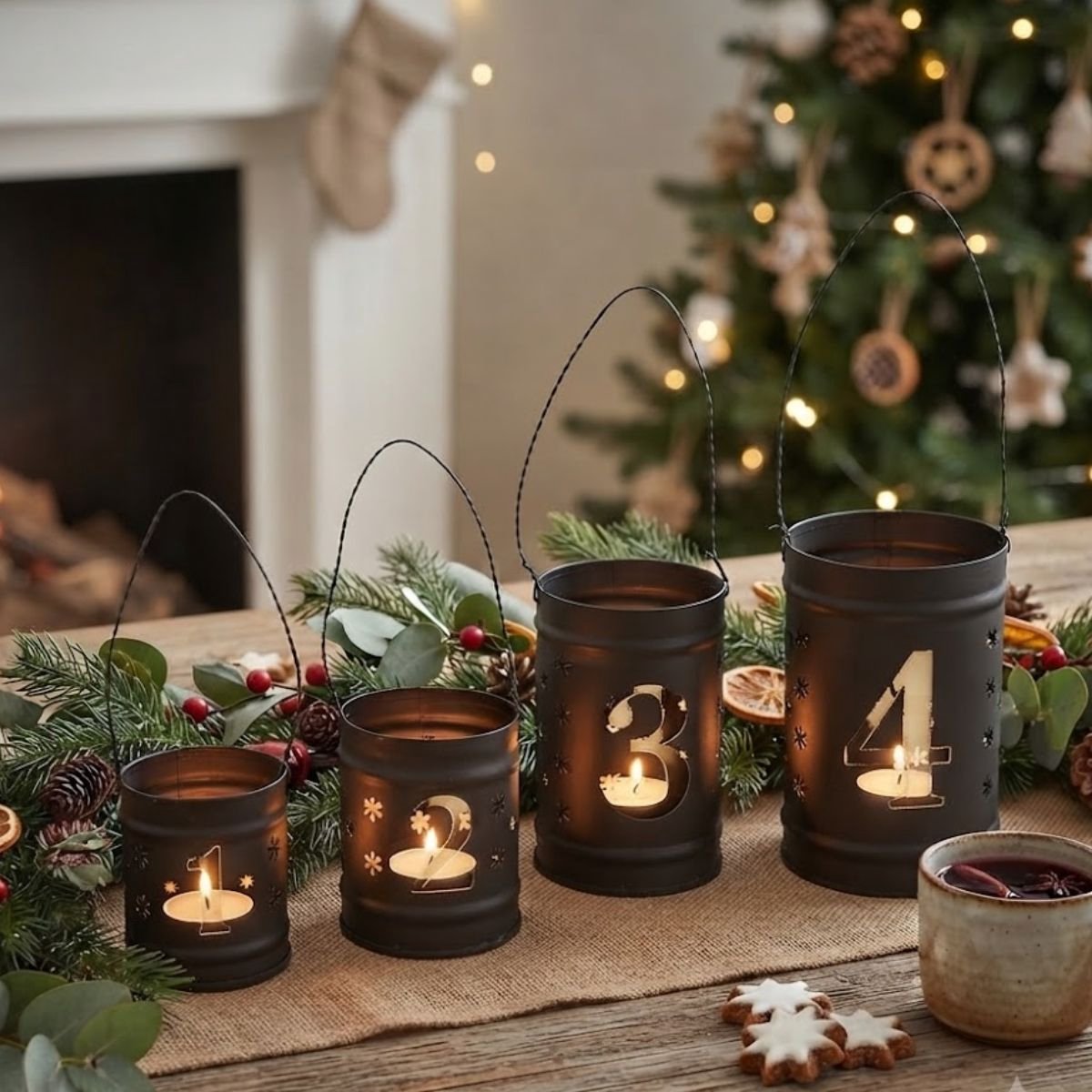 Set van 4 kleine Advent Lantaarns metaal – Metalen Waxinelichthouders met Cijfers – Zwarte Kerstdecoratie