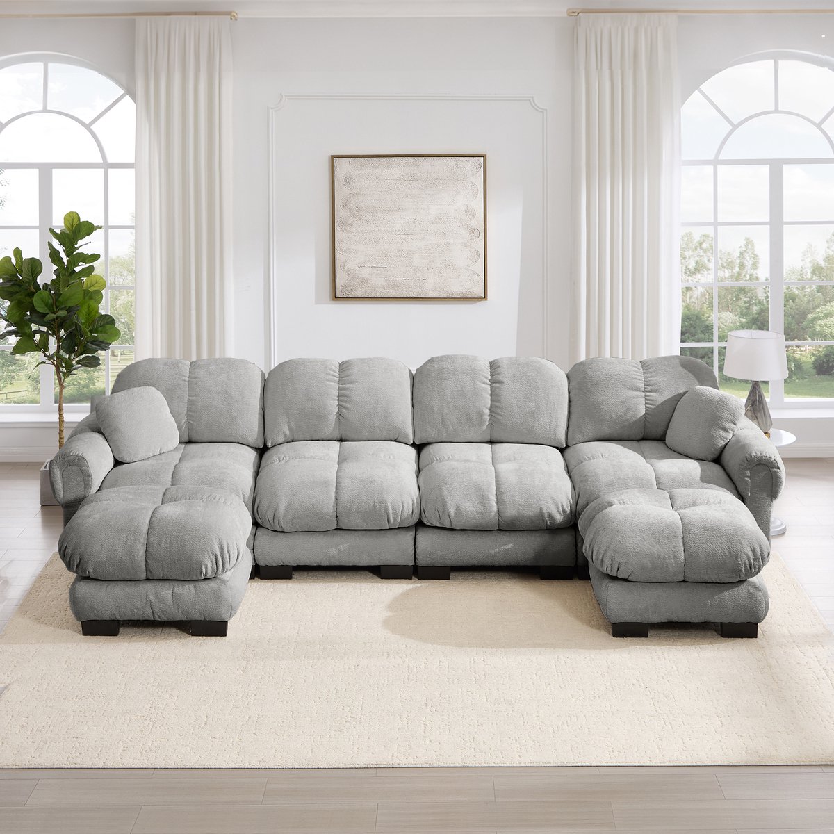 Intebiki bank - L-vormige hoekbank - 4 zits bank - fauteuil - bankstel - inclusief een verplaatsbare poef - chenille stof - 330x149x90 cm - lichtgrijs