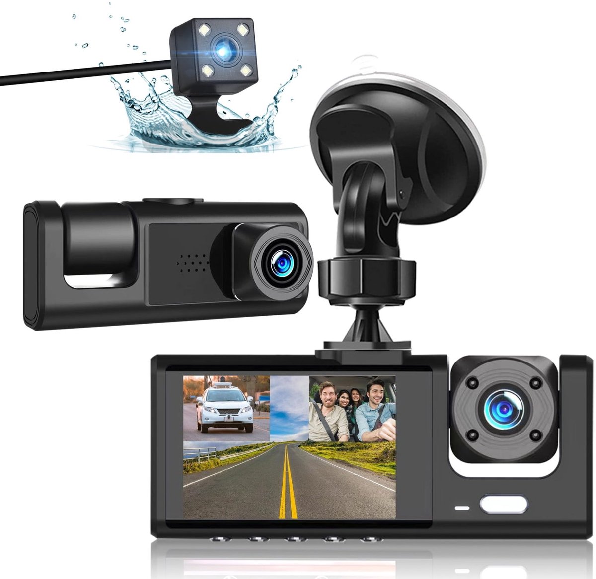 Dashcam met dubbele opnamefunctie Geschikt voor en achter, 3-kanaals dashcam met dubbele opnamefunctie, 1080P in-voertuigcamera DVR B