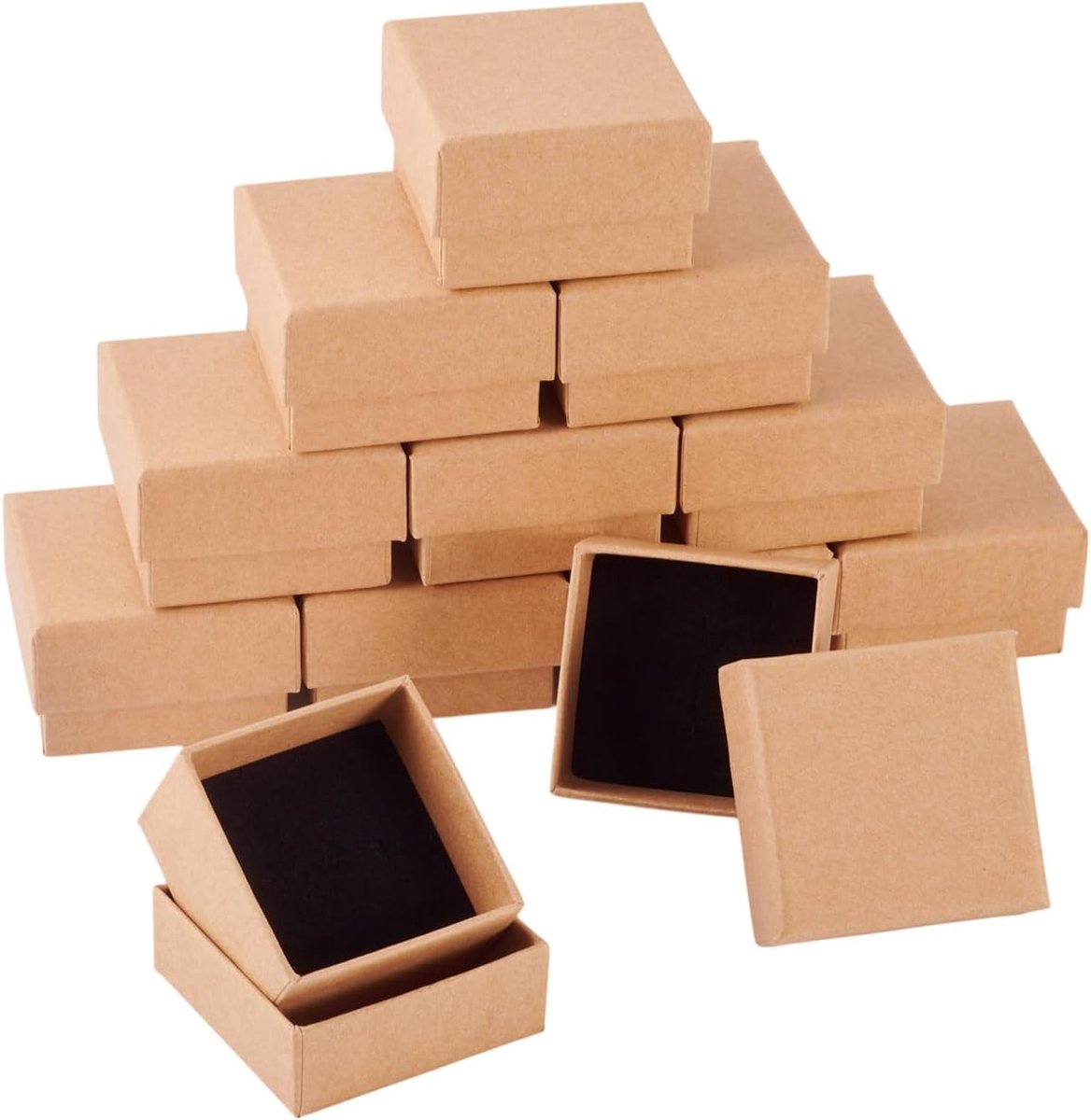 SnelShoppen - 12 Stuks Vierkante Kartonnen Sieraden Dozen - Kraft Papier Gift Boxen voor Ringen en Oorbellen - 5x5x3.2cm - Bruin - Perfect voor Feestj