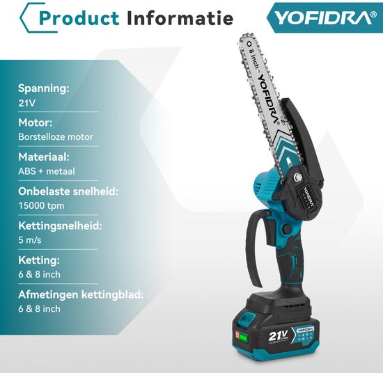 Yofidra Mini kettingzaag - 6 / 8 inch Kettingzaag - met 2x 4.0Ah accu’s Snoeizaag - Takkenzaag - Brushless Heggenschaar - voor tuin, boomsnoeien en hout — afbeelding 2