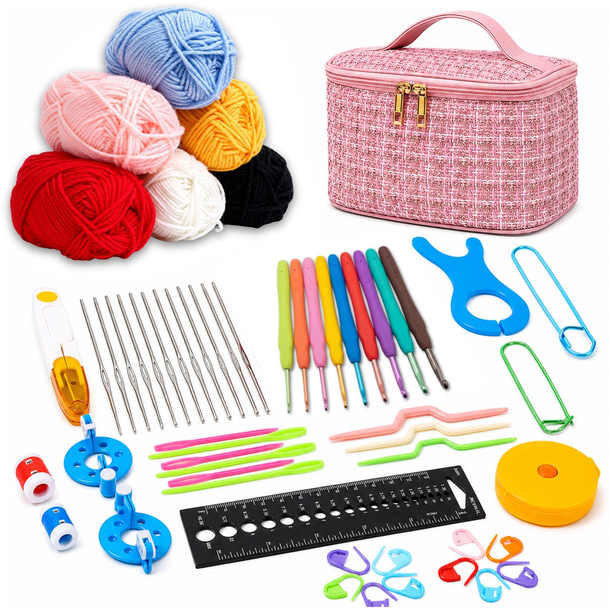 Somstyle Complete Haaknaalden Set - 56-Delig - Crochet Set - 6 Kleuren Haak Garen - Breihaak - Ergonomische Haakset - Multicolor
