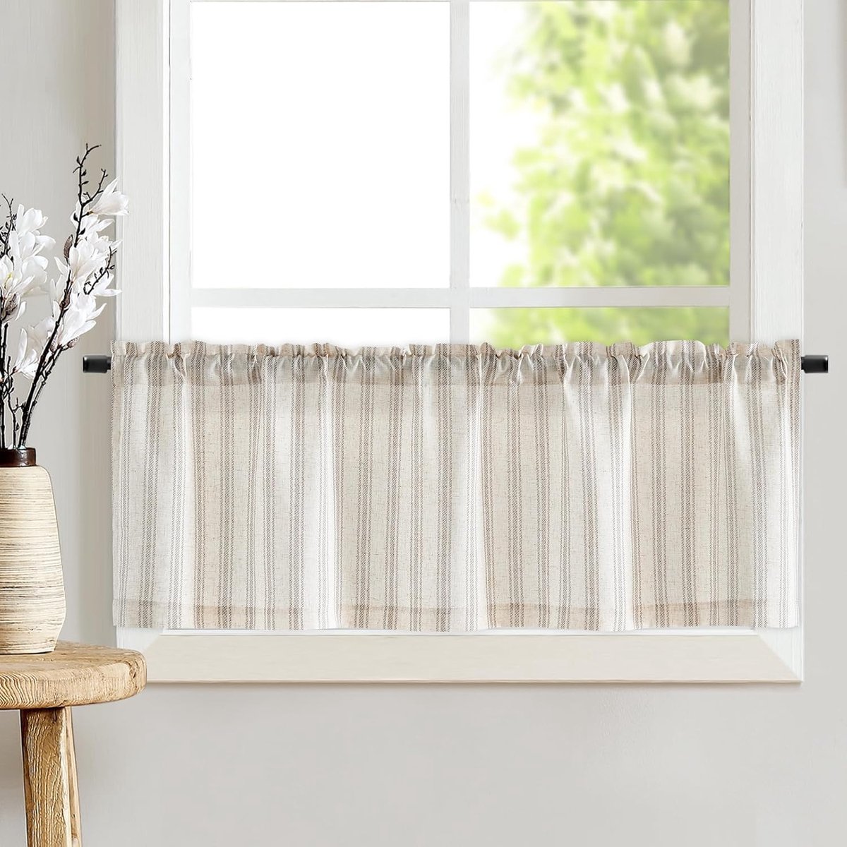 SnelShoppen - Leinen Gestreepte Doorzichtige Gordijn voor Keuken en Woonkamer - Privacy Raamdecoratie - 125x45 cm - Grijs op Beige - 1 Stuk