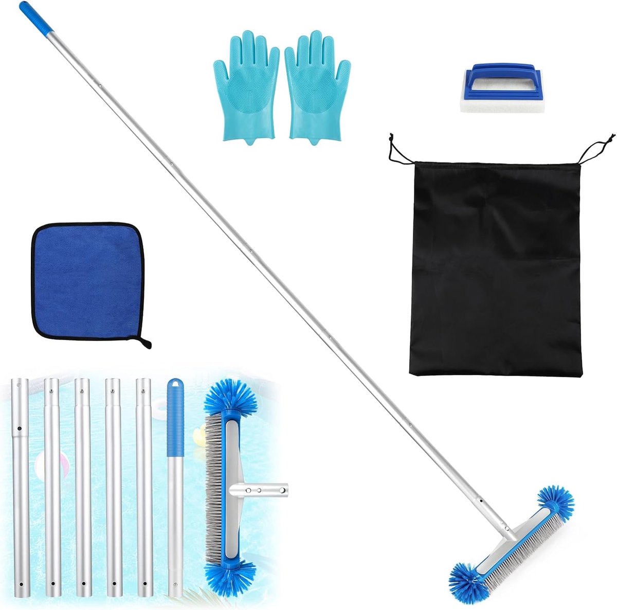 SnelShoppen - Telescopische Poolborstel met Handvat 210 cm - Reinigingsborstel voor Muren en Vloeren - Inclusief Silicone Handschoenen, Sponsborstel e