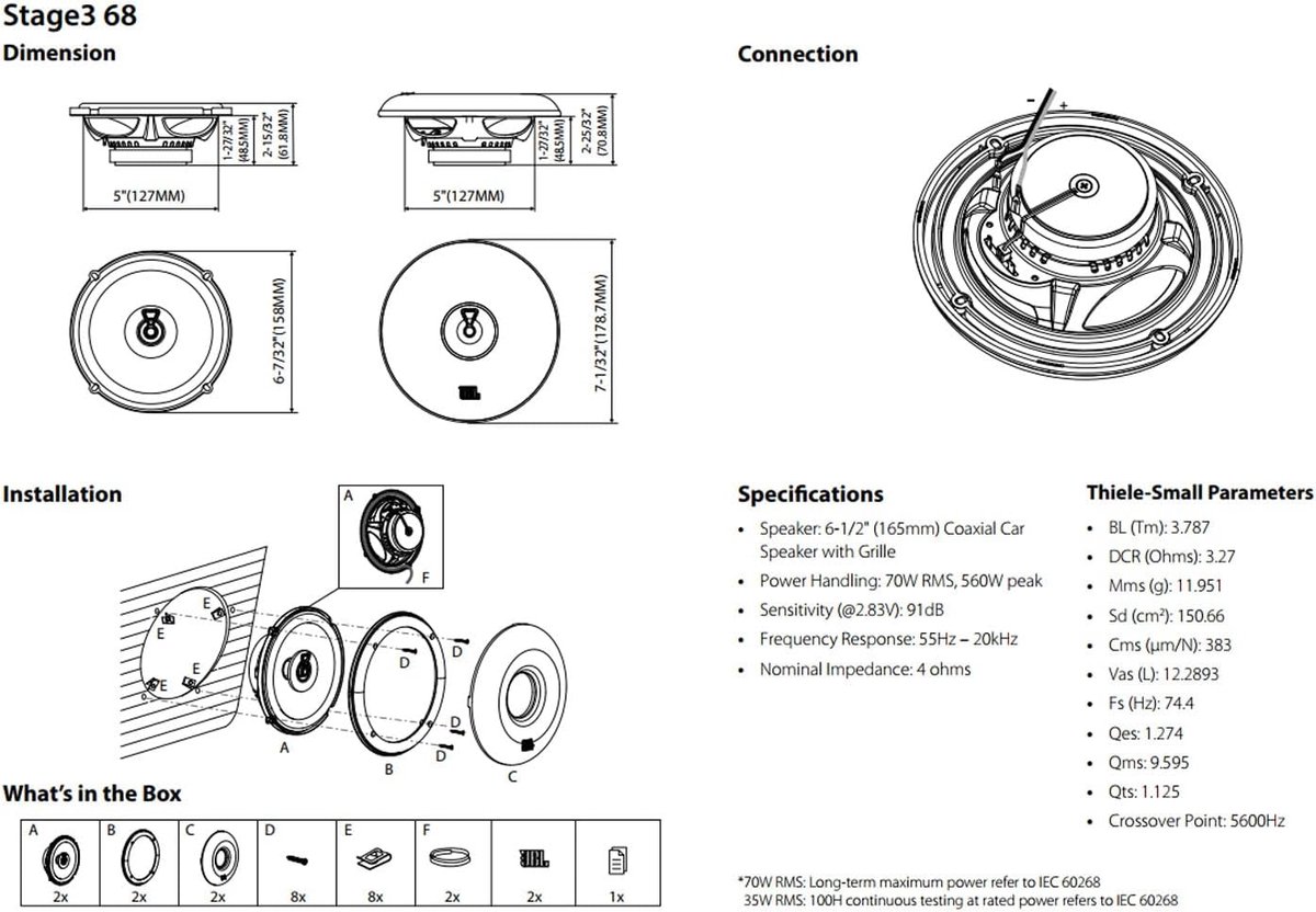 JBL Stage3 68F Autospeakers – 6,5 inch Coaxiaal – 70W RMS – 560W Piekvermogen – 4 Ohm – foto 5
