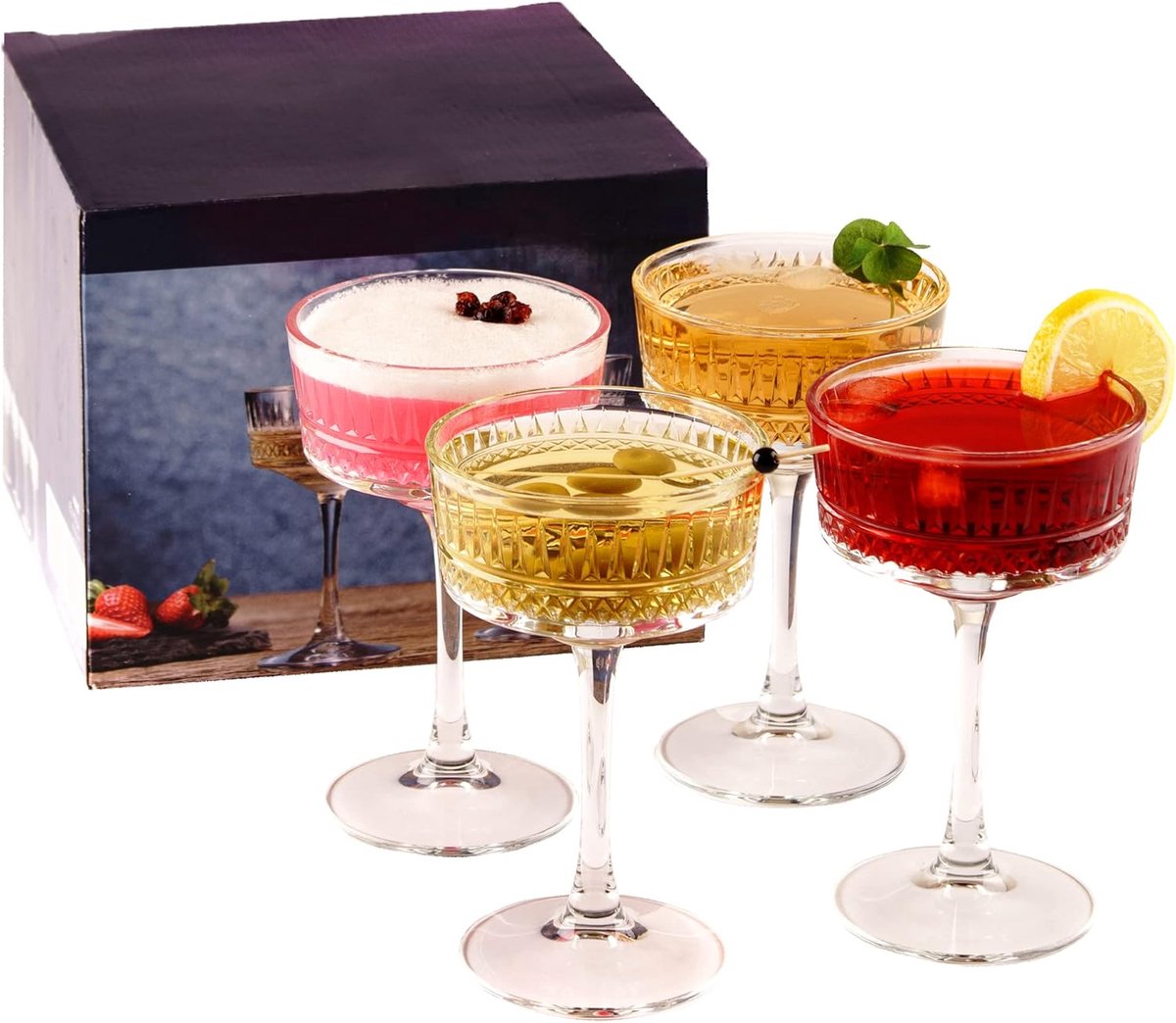SnelShoppen - Vintage Coupe Glazen Set van 4 - Champagne, Cocktail, Martini, Wijn Glazen - Lange Steel - 9oz/260ml - Elegant Glaswerk voor Feest en Sp