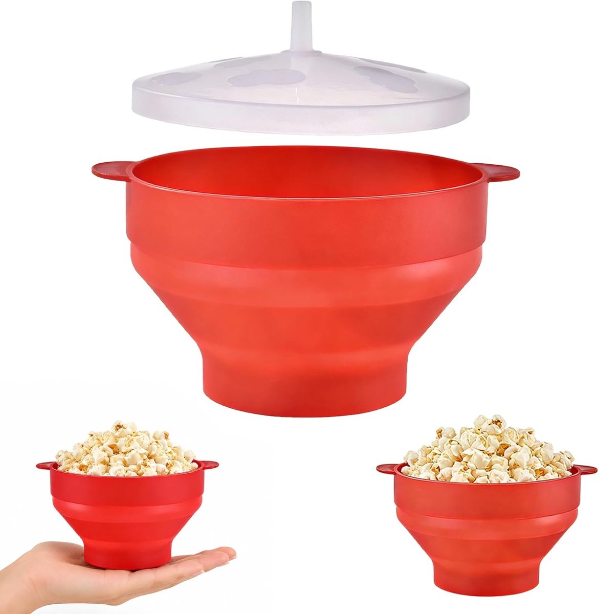SnelShoppen - Grote Vouwbare Siliconen Popcorn Container met Deksel - BPA-vrij en Olievrij - Voor Magnetron, Thuis, Keuken en Feest - Rood - Ideaal vo