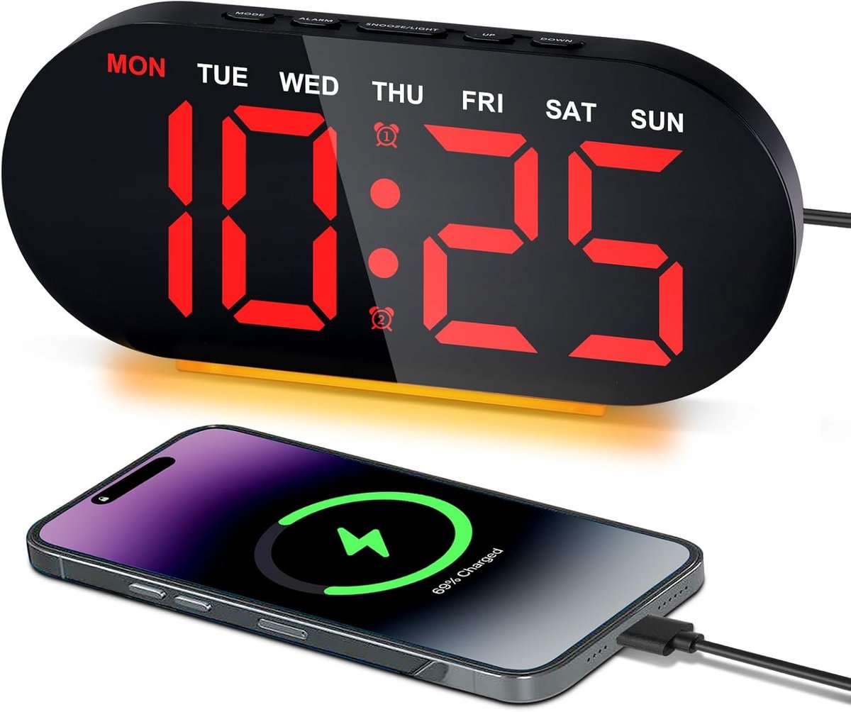 SnelShoppen - Digitale Alarmklok met 7 Inch LED Display, Nachtlampje, 3 Dimmingsniveaus, USB Oplader, Datum, Week, Temperatuur, Dubbele Alarmfunctie v