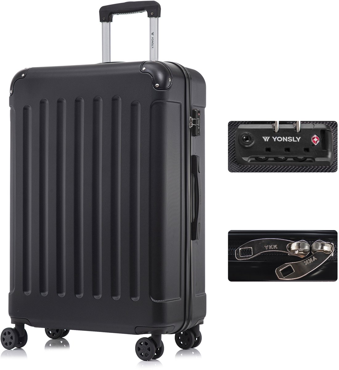 YONSLY Handbagage Koffer - 76 x 49 x 29 cm - 98 L - TSA Slot - 360° Draaibare Wielen - Grote Trolley - Zwart