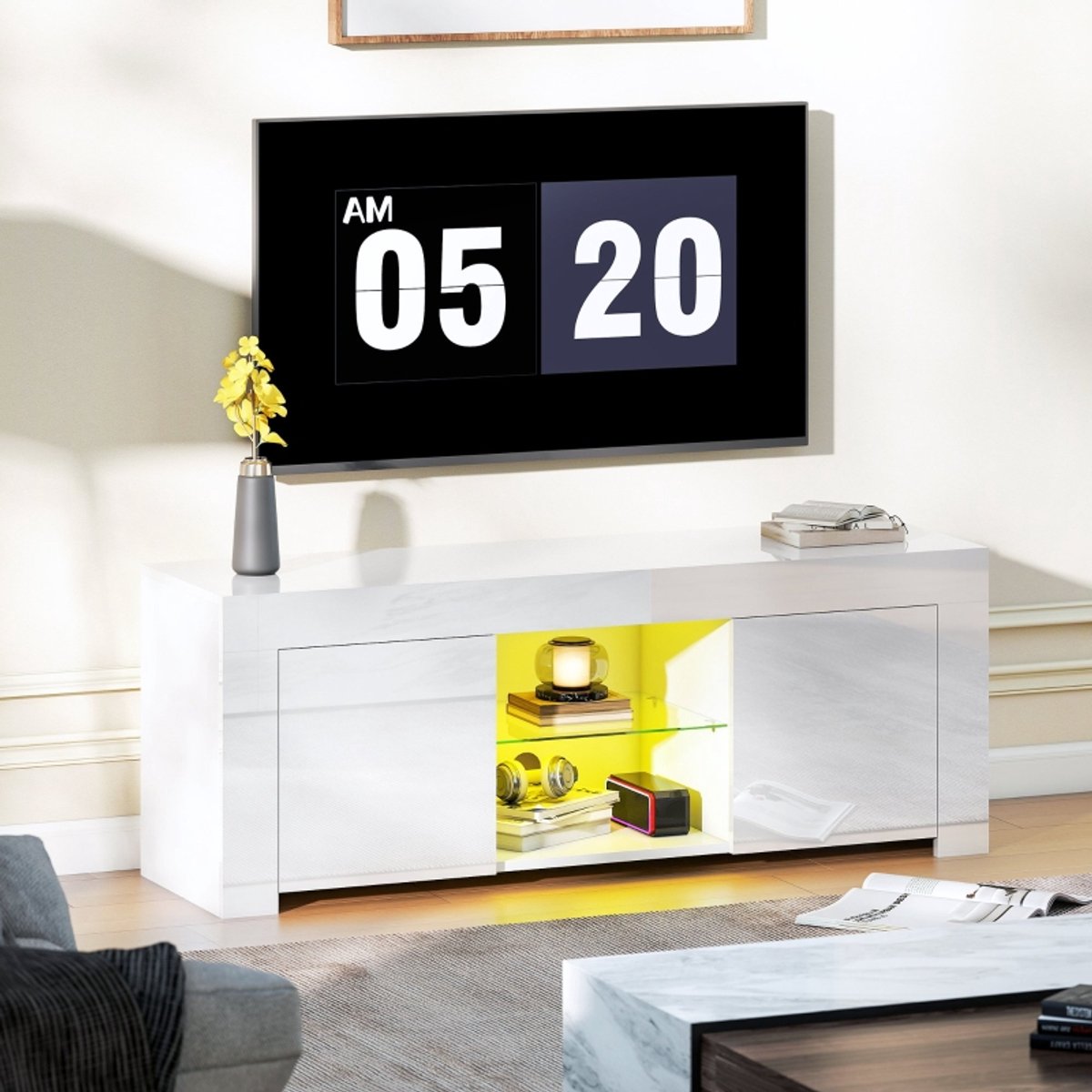 Pugsdrly TV-kast met led-verlichting, 2 kastdeuren, glazen plank, kabelopeningen, voor de woonkamer, spaanplaat, wit