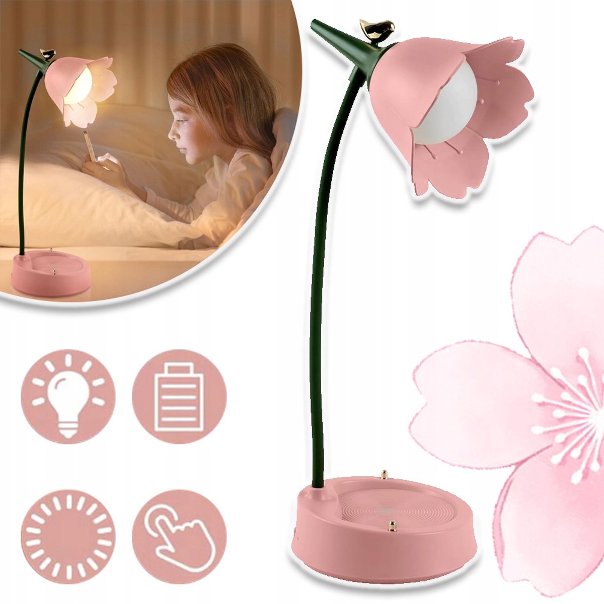 Tafellamp Met Prachtig Bloemmotief - 3 Kleurtemperaturen 360° Verstelbare Aanraakbediening - Oplaadbare 1200mAh Oogvriendelijke LED USB-Opladen - Ideaal Kerstcadeau En Cadeau Voor Kinderen