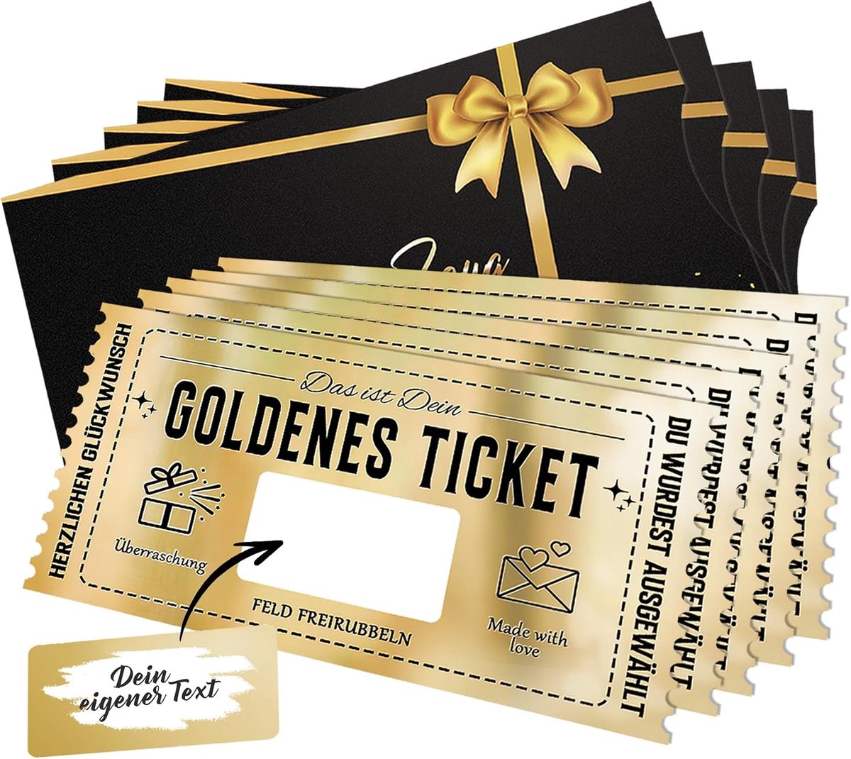 SnelShoppen - Gift Card Set voor Vrouwen en Mannen, 5x Gouden Ticket en Kraskaarten, Persoonlijke Cadeau voor Verjaardag, Romantisch Cadeau, Wish Vouc