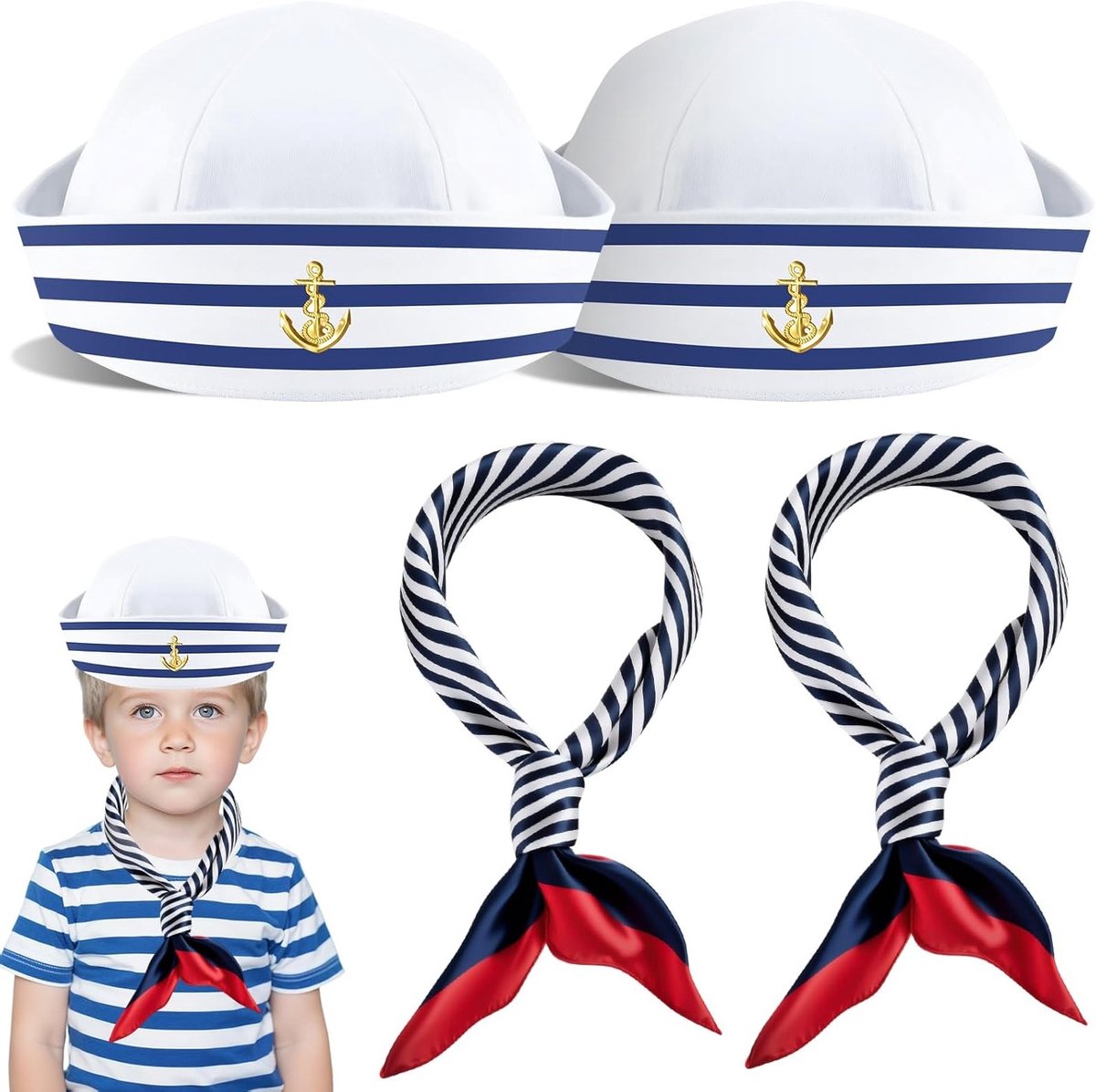 Maritieme Hoed en Sjaal Set in Blauw en Wit met Rood Accent, Perfect voor Sailor Kostuums en Nautische Thema's, Unisex Maat voor Volwassenen