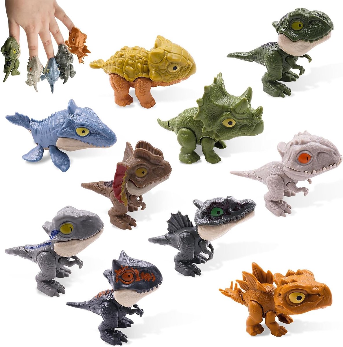 Set van 10 Mini Dinosaur Finger Toys voor Kinderen - Kleurrijke Dino Vingers Speelgoed voor Jongens en Meisjes, Perfect voor Creatieve Spelletjes en Verjaardagsfeestjes