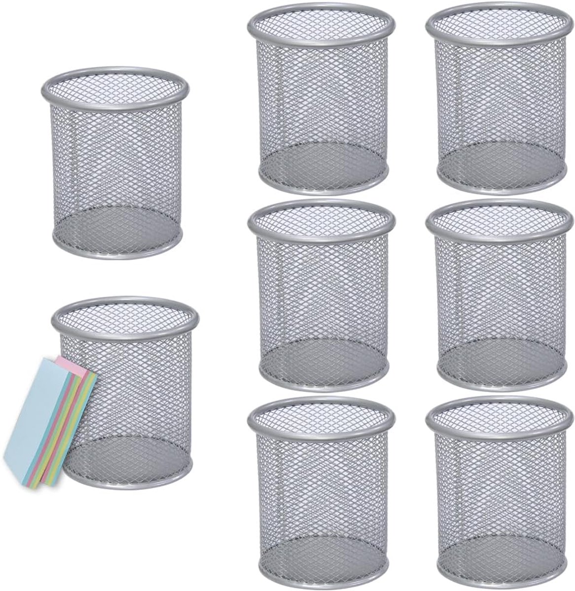 SnelShoppen - 8 Pack Pen Jars - Ronde Mesh Penhouders voor Bureau - Stijlvolle Organizers voor Potloden en Pennen - Zilver, Duurzaam Metaal, 9x10cm, P