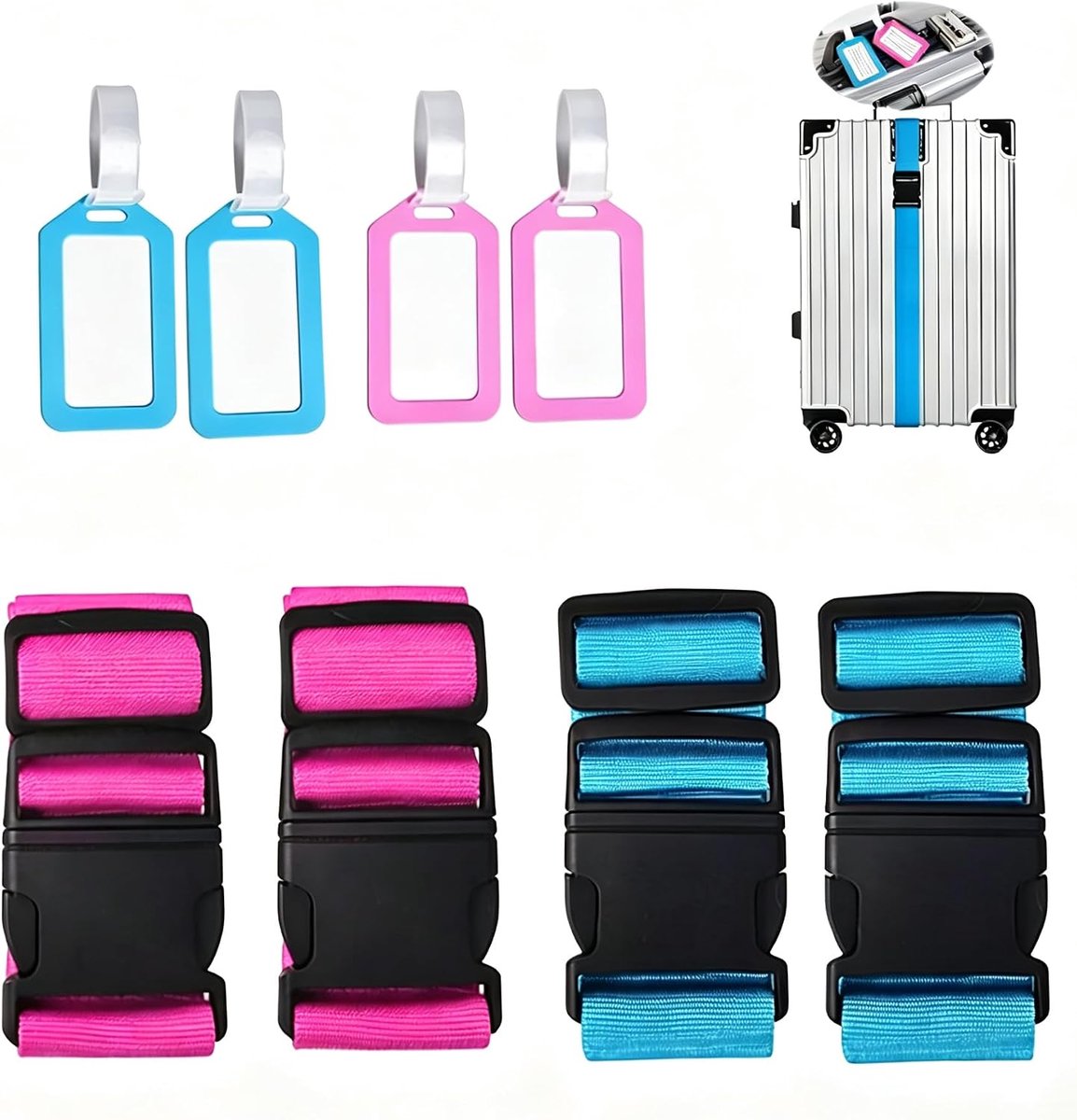 SnelShoppen - 4 Stuks Verstelbare Bagageriemen voor Koffers, Kofferaccessoires met Bagagelabels, Robuust en Praktisch, Voor Reizen, Blauw en Roze, Ges