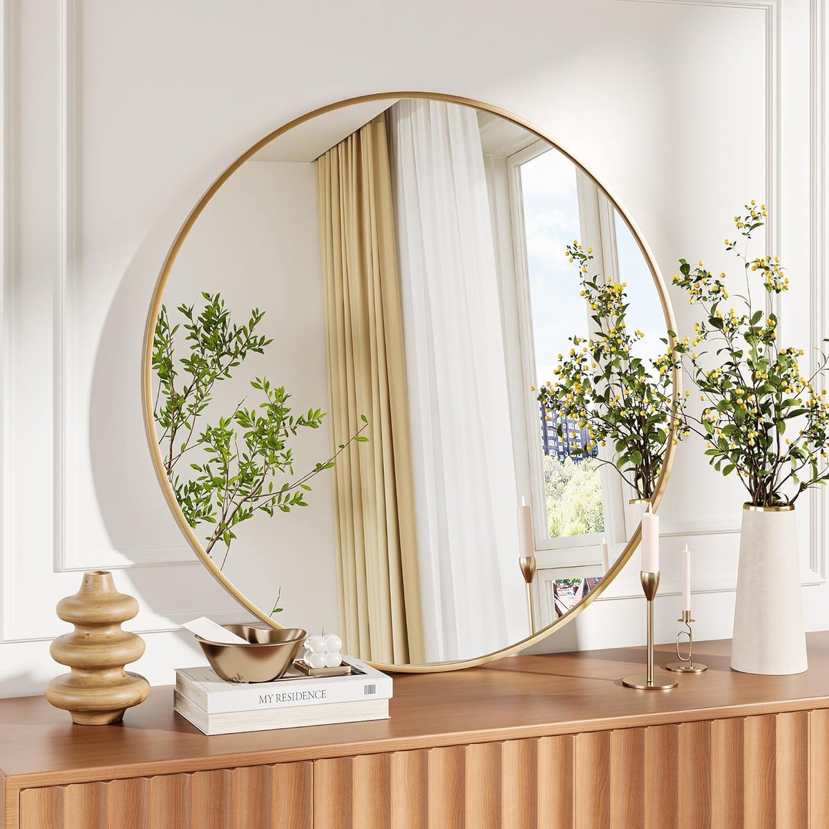 Moderne ronde wandspiegel – matzwart metalen frame, schokbestendig HD-glas, ophangbare wanddecoratie voor badkamer, entree, slaapkamer en woonkamer