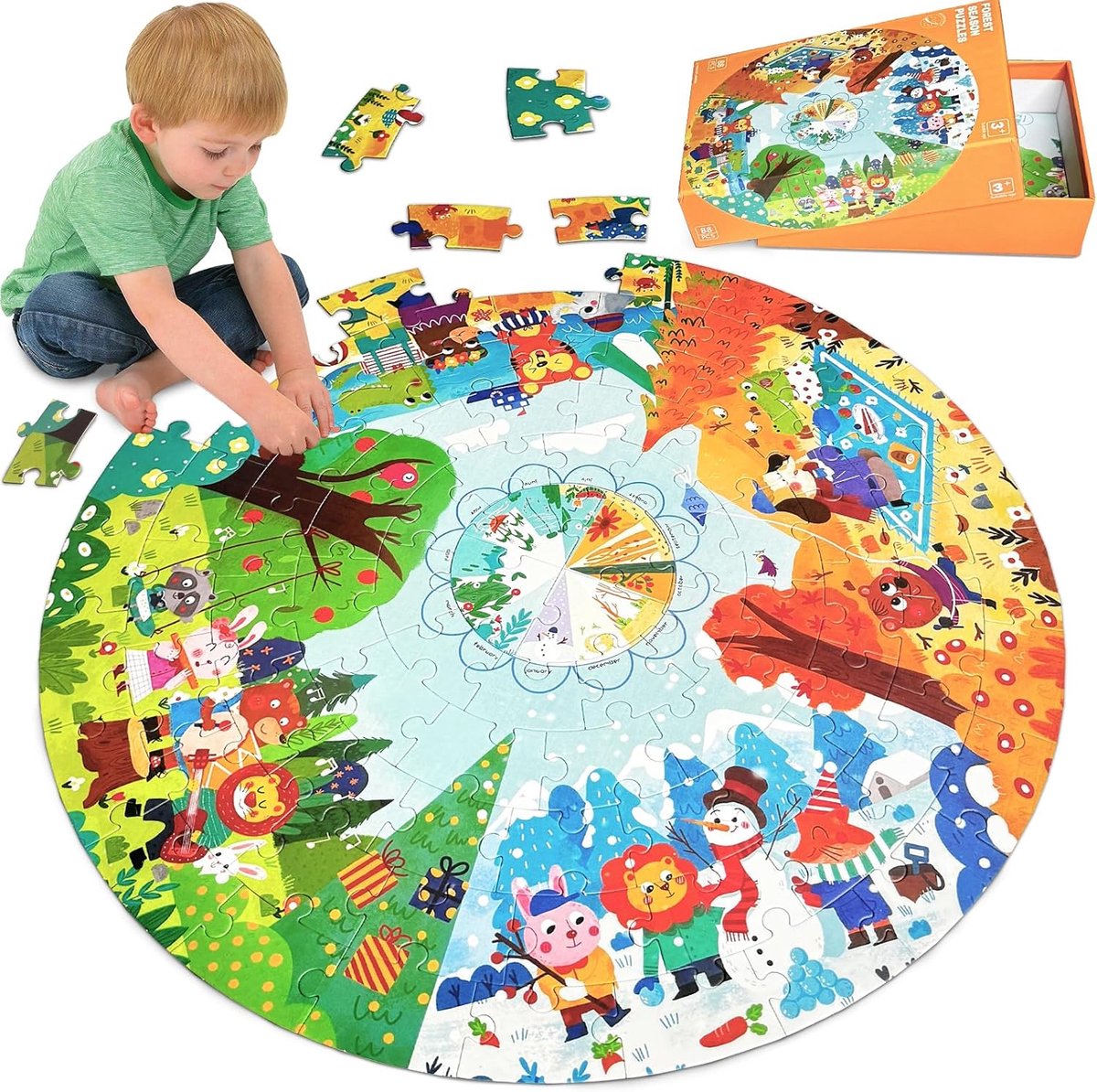 SnelShoppen - Puzzel voor Kinderen 3-7 Jaar, 88 Stukjes, Grote Ronde Puzzel van 53x53 cm, Bosdieren en Vier Seizoenen, Educatief Speelgoed voor Jongen