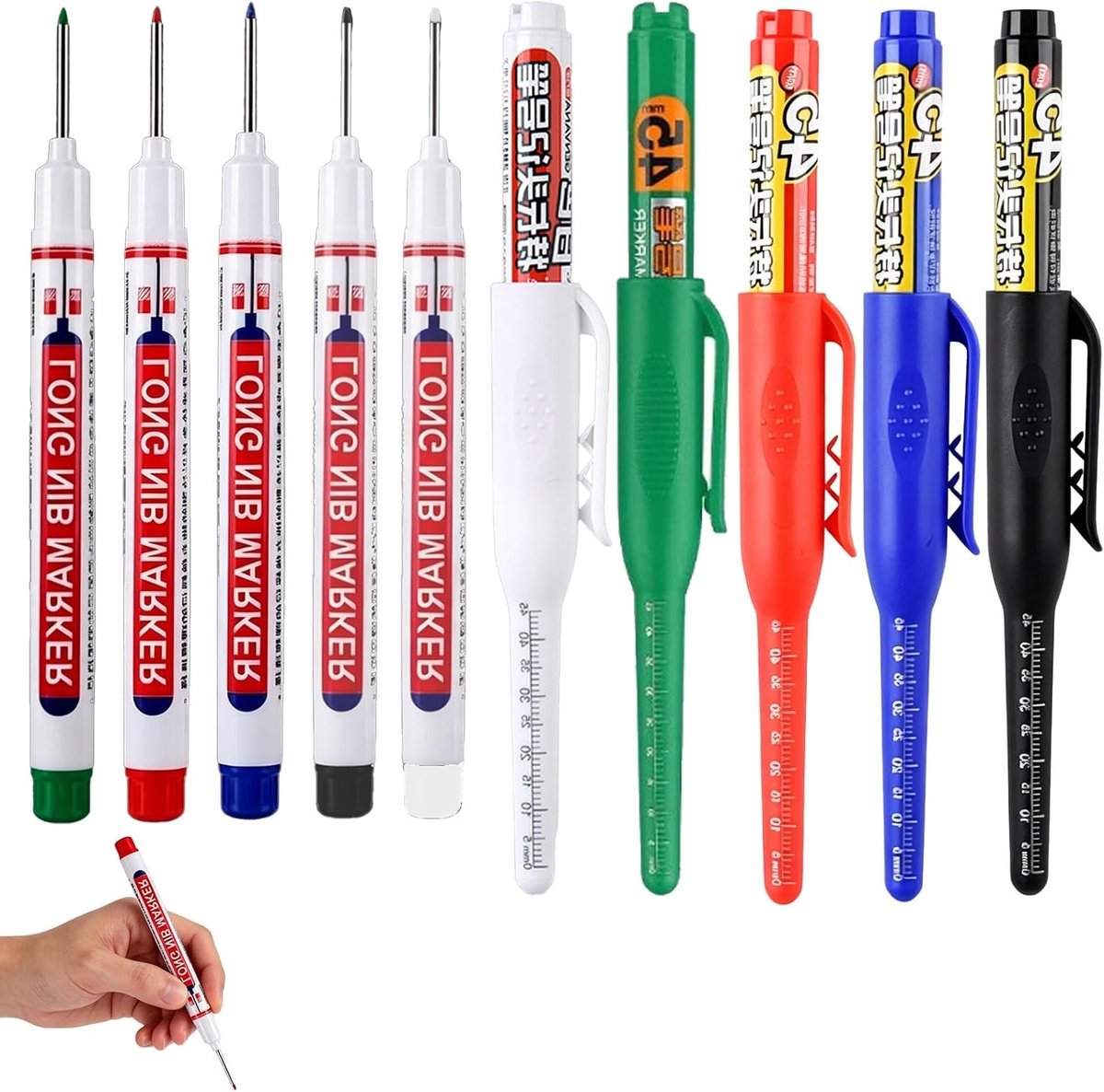 Diepe gaten markeerstiften, 10 stuks met extra lange punt, waterdicht en geschikt voor hout, metaal en kunststof (rood, zwart, blauw, groen, wit)