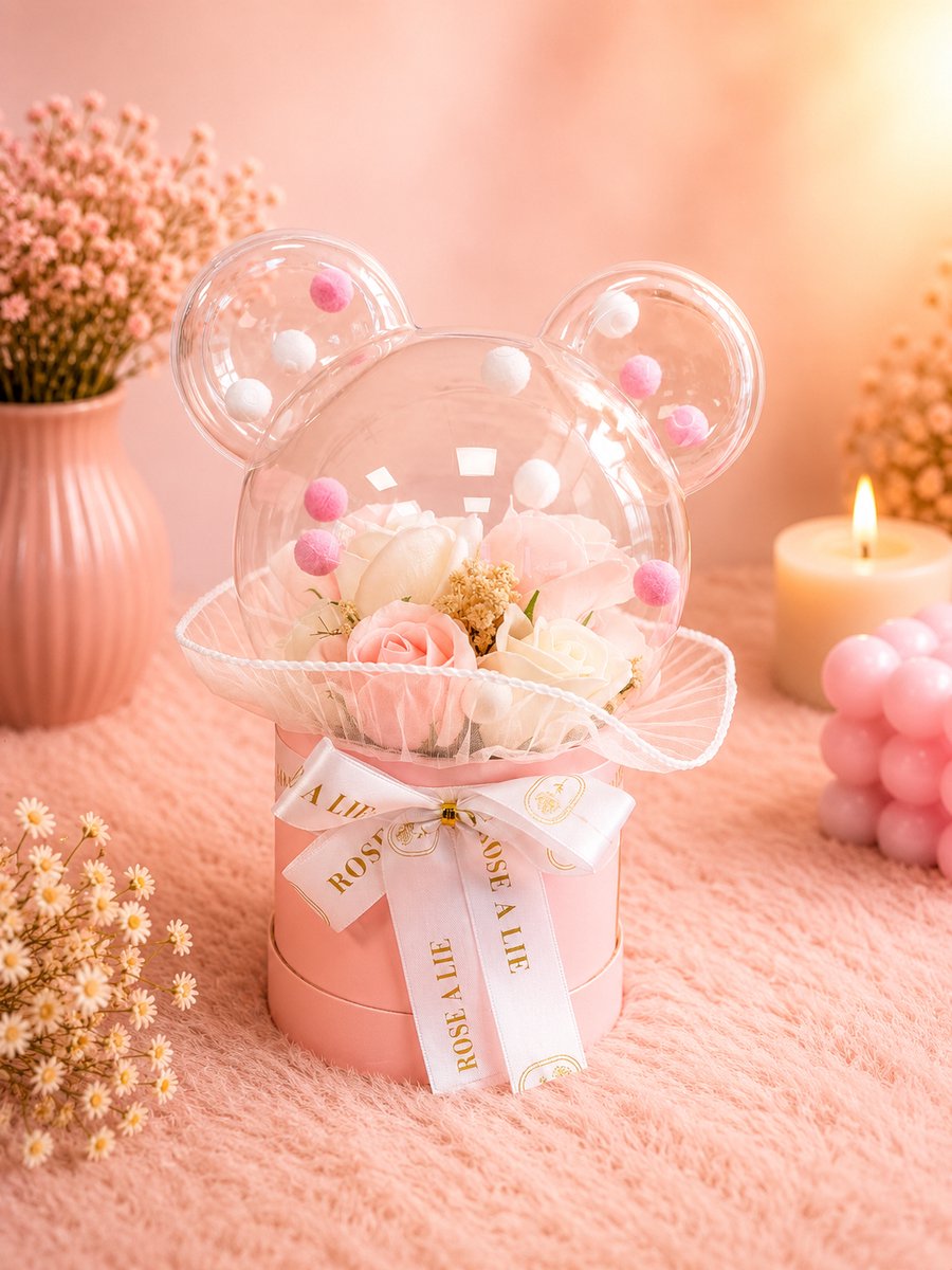 Rozengeschenk in Transparante Berenverpakking | Viva Femme | Baby | Kraamcadeau | Babyshower | Gender reveal | Roze | Baby Girl | Liefde | Beer