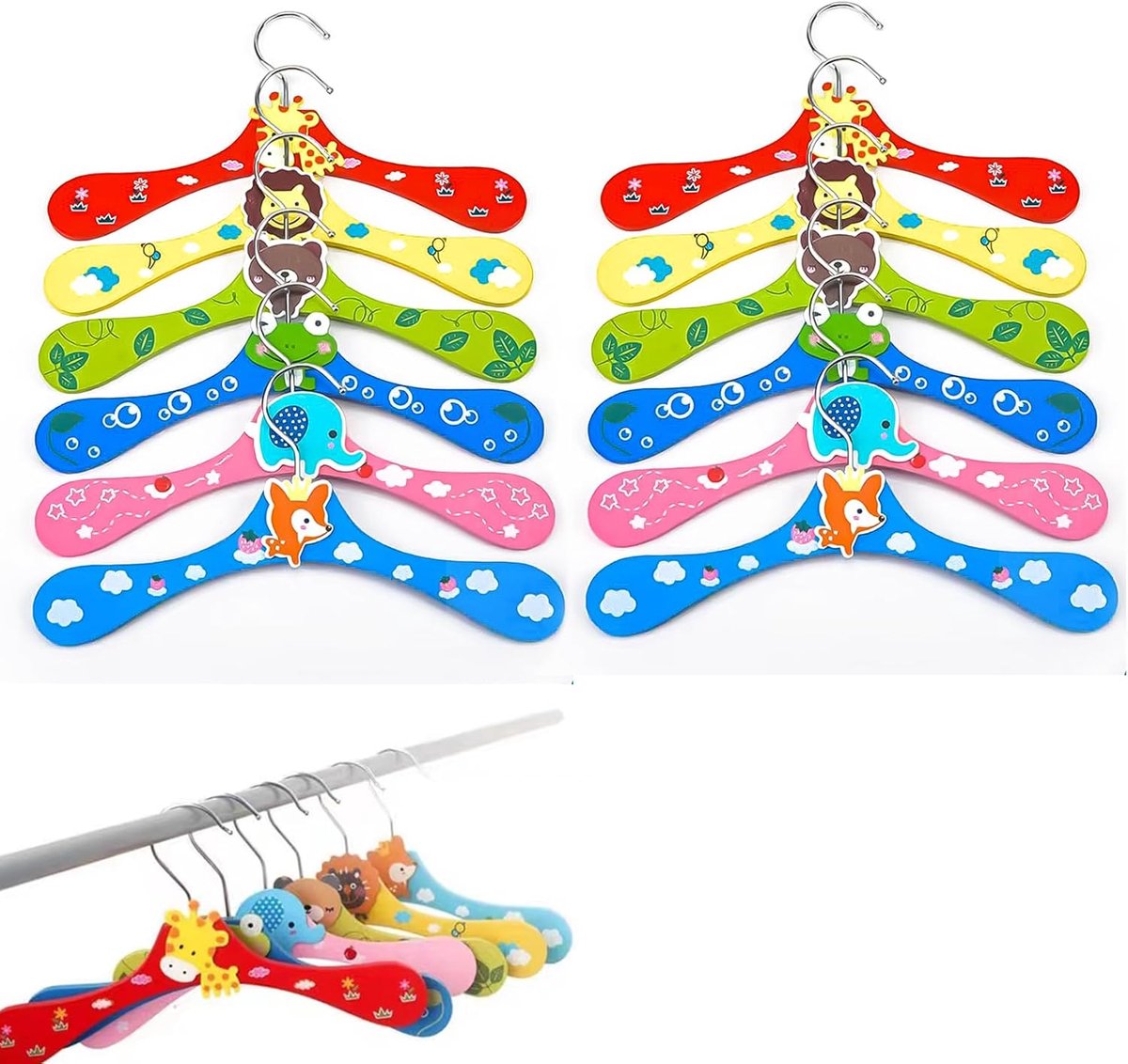 SnelShoppen - 12 PCS Kleurvolle Cartoon Kledinghangers voor Kinderen - Houten Hangers met Dierontwerpen voor Baby Kleding en Broeken - Perfect voor de