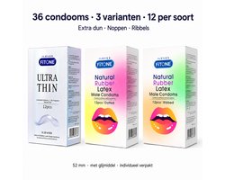 condoom mix pack –36 stuks –condooms met ribbels– condooms noppen – condooms extra dun – 3 varianten– condooms met glijmiddel – condooms 52mm – FiTONE