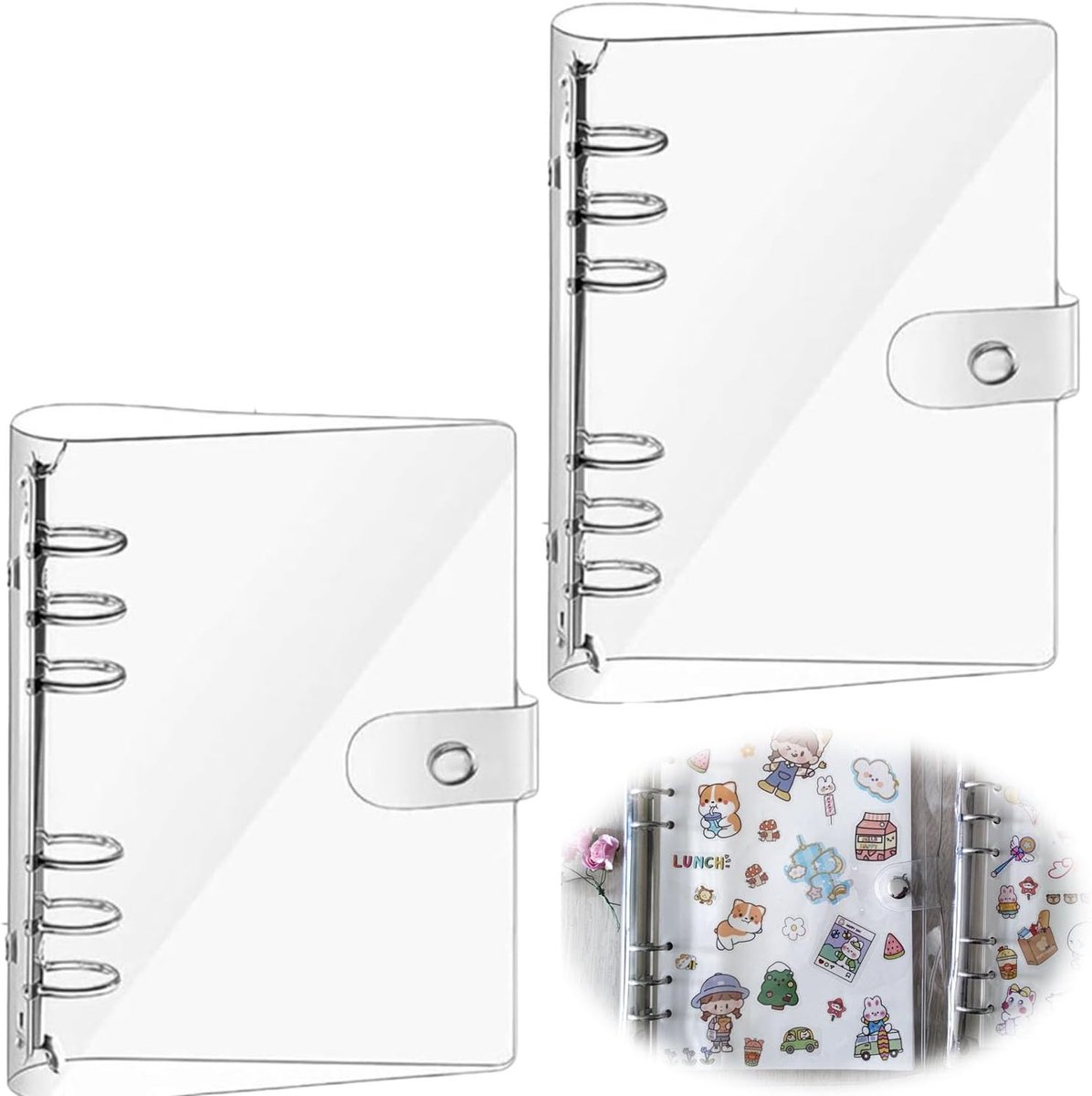 SnelShoppen - A5 Clear Soft PVC Notitieboek Cover, 2 Stuks Met 6-Ringen Ringband en Drukknop, Waterdichte Loose Leaf Map voor Dagboek, Kantoor, Thuis,
