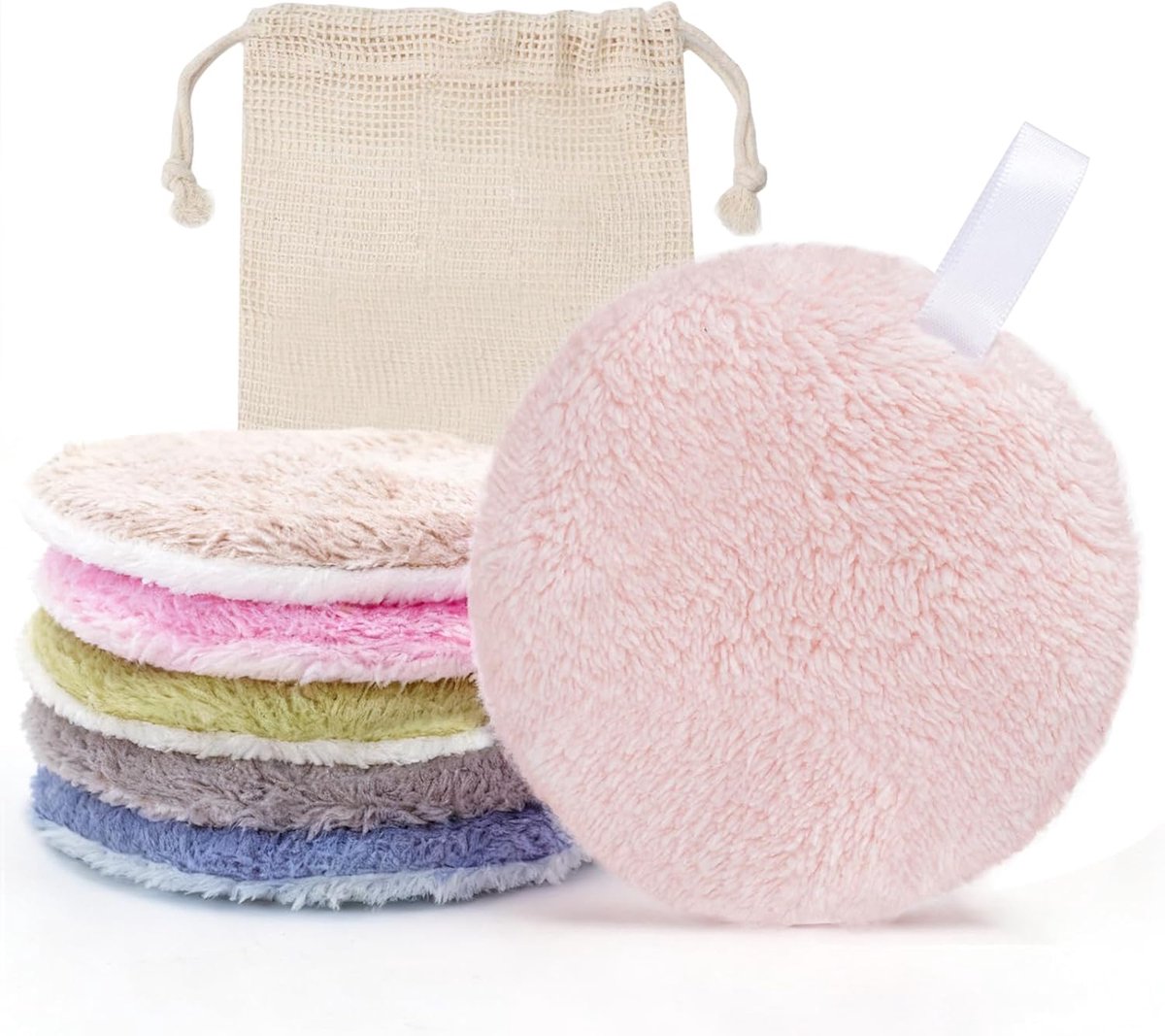 SnelShoppen - Herbruikbare Make-up Verwijder Pads Wasbaar 6 Stuks + Waszak Natuurlijke Vezels Dubbelzijdig Zacht Gezichtsreiniging Voor Alle Huidtypes