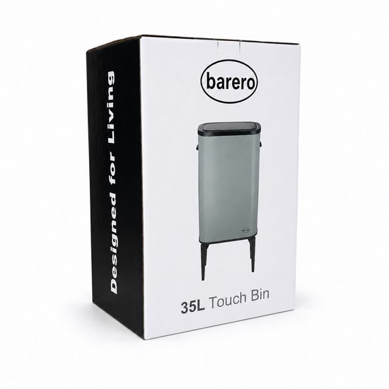 Doos van Barero prullenbak '35L Touch Bin' met een afbeelding van de grijze prullenbak.