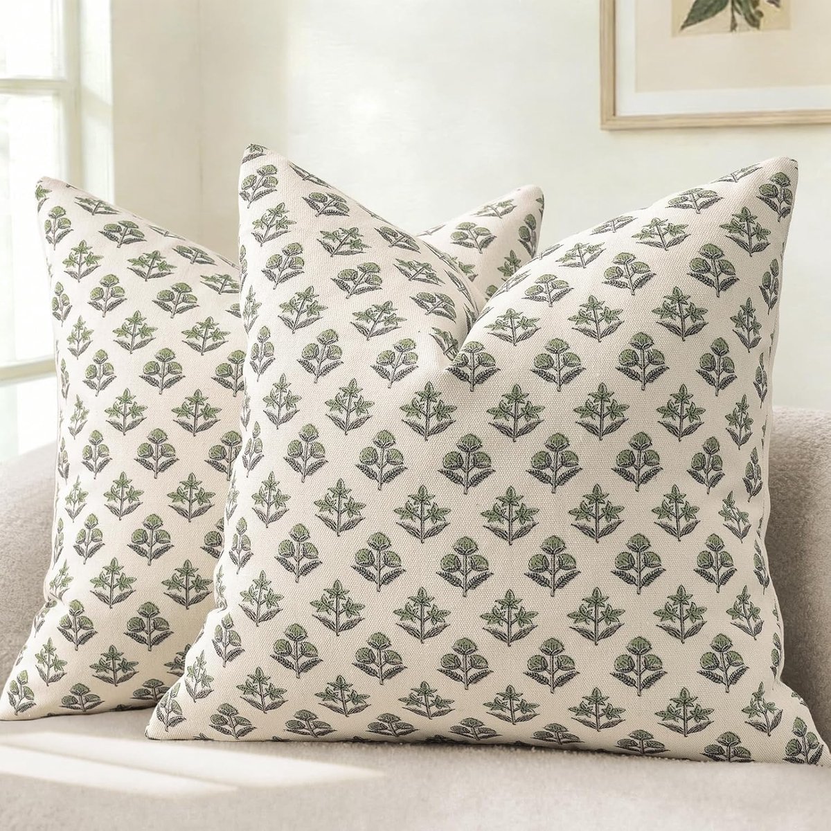 SnelShoppen - Set van 2 Moderne Botanische Kussenhoezen 40x40 cm - Vintage Bloemmotief in Saliegroen - Decoratieve Kussens voor Bank, Stoel en Slaapka