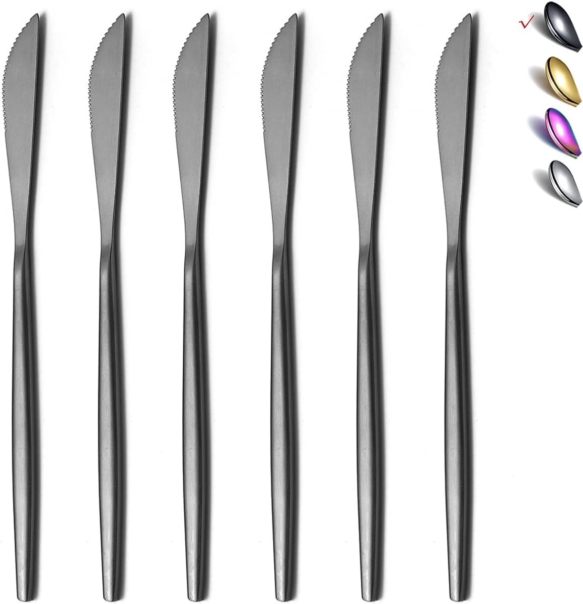 SnelShoppen - Set van 6 Matte Zwarte Tafelmessen - RVS Tafelmes - Robuust Botermes - Modern Design - 8.9 Inch - Vaatwasserbestendig - Perfect voor Fee