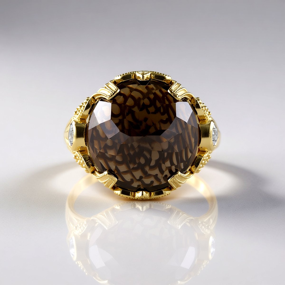 Cavill - Rookkwarts Ring 13,69 ct - 925 Sterling Zilver 18K Goud Verguld - Ronde Braziliaanse Edelsteen - Zirkonen Accent - Elegante Damesring