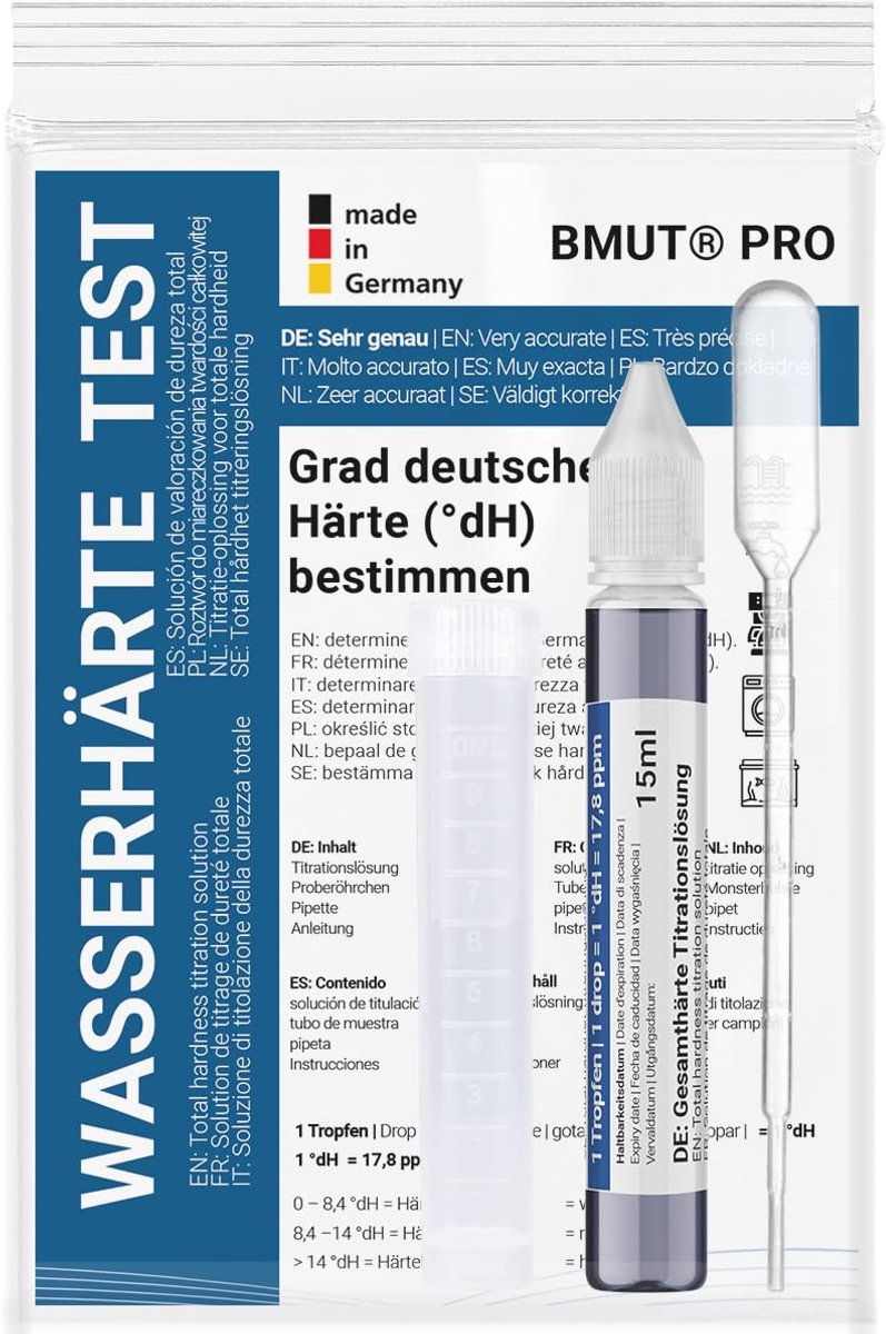 SnelShoppen - Waterhardheidsmeting - Duitse hardheidstestset - Titratieoplossing - Zacht, Gemiddeld, Hard - Meetbereik 0 tot 30 °dH - Limonietest (1 x