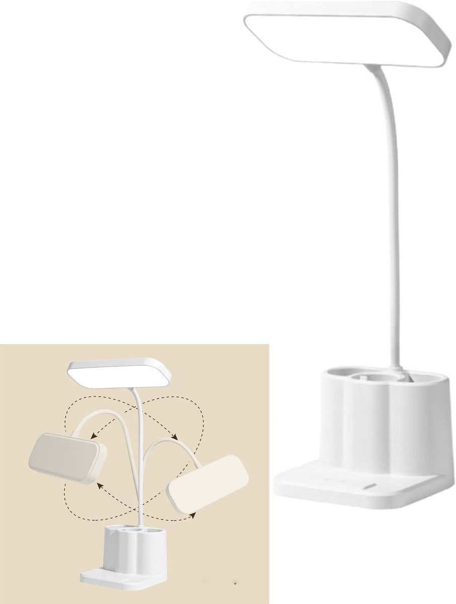 KZQ LED bureaulamp met 3 kleurstanden en pennenhouder – Oogvriendelijk en instelbare hoek – Ideaala voor studenten en slaapzaal – 4000 – Wit
