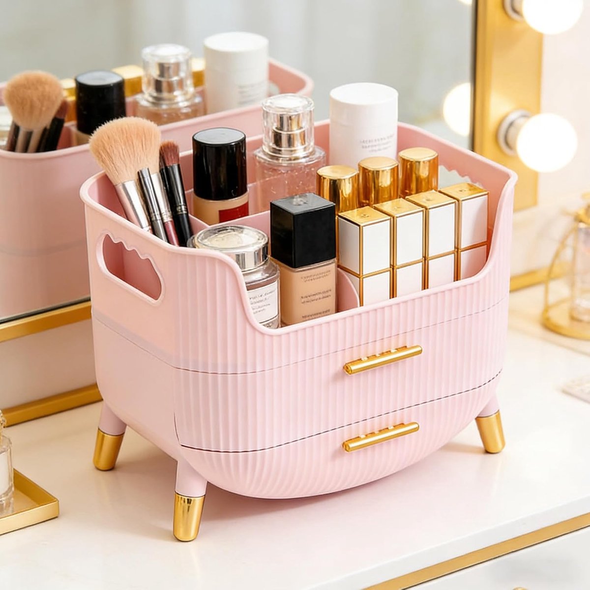SnelShoppen - Makeup Organizer met 2 Laden, Antislip Make-up Tafelen Organizer, Skincare Organizer voor Slaapkamer, Badkamer en Dressing Table (Roze)