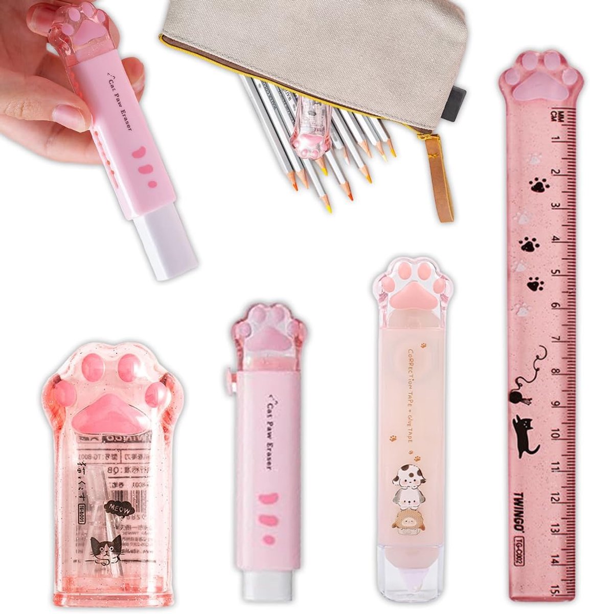 SnelShoppen - Kawaii Potloodslijper Kat Poot Vorm - 4 Stuks Stationery Set met Retractable Gum, Correctietape en Liniaal - Schattige Schoolbenodigdhed