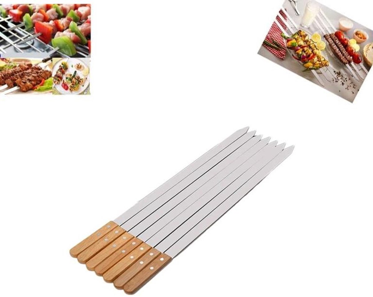 KZQ BBQ-spiesjes - Platte, lange vleesspiesjes met houten handvat, roestvrij staal, herbruikbaar - Geschikt voor tandoori barbecue, vleesspiesjes en grillen - 7 spiesjes - 60 cm x 2,5 cm x 0,2 cm