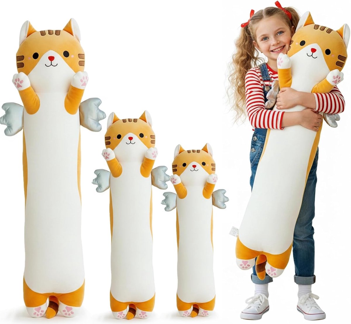 SnelShoppen - Long Cuddle Pillow Kat, Schattig Knuffel Kussen met Vleugels, Zacht Kawaii Kat Kussen voor Kinderen, 60cm Geel, Perfect voor Knuffelen,